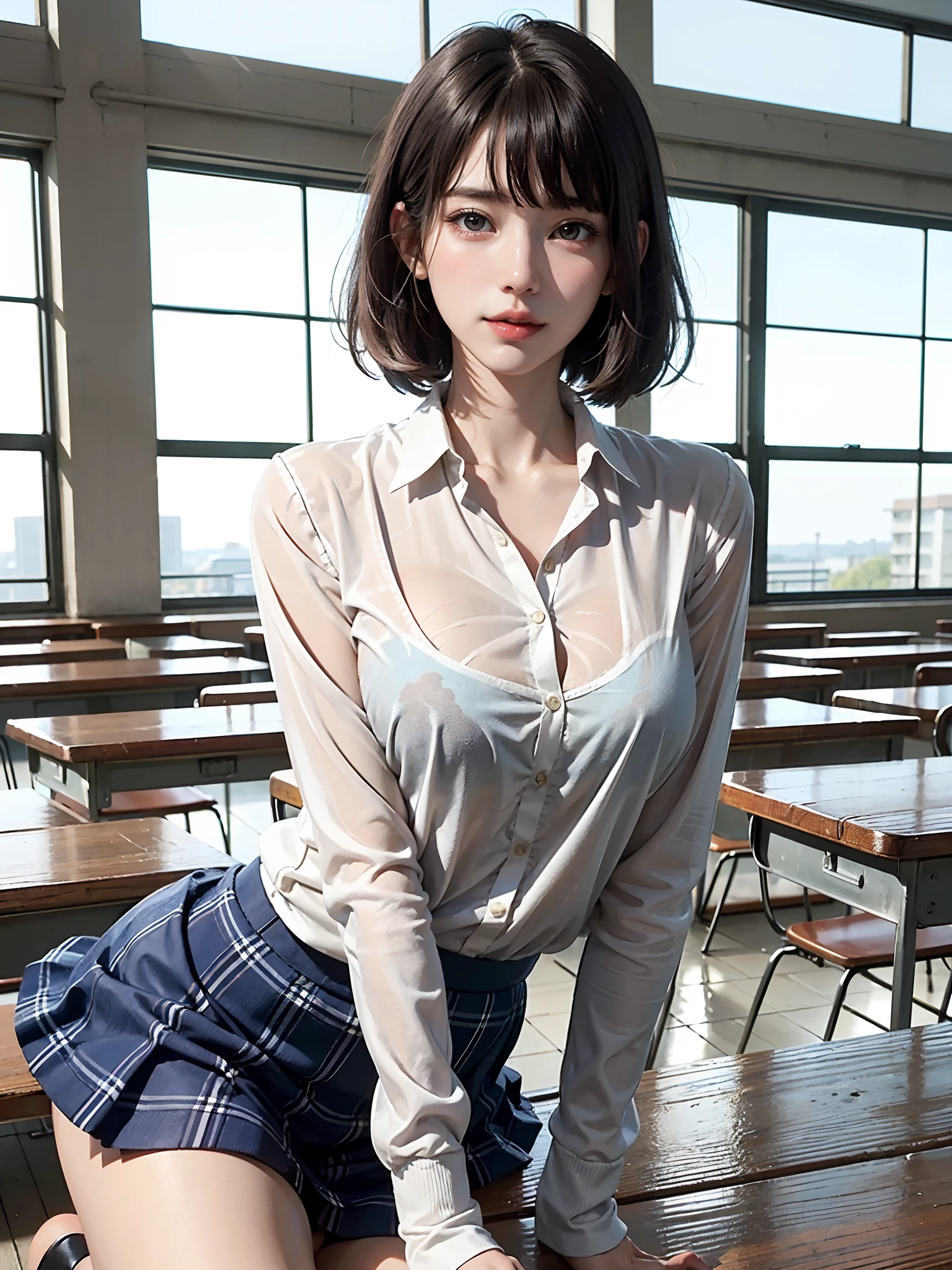 (masterpiece、top-quality:1.2), Surreal Schoolgirl, 独奏, 1girl in, Yukinoshita Yukino, (shinny skin、wetted skin:1.2), Wearing sweat, I'm smiling really happily, Watch your audience carefully, all-fours, 校服, white shirt, plaid skirts, thighs thighs thighs thighs, PM, Classroom Surreal High School Girl、Very tall woman、short hair with clean bangs of 46 points,,,、the neck is long、Put your ears out、Distinct double eyelids、big eye、The beauty of the golden ratio、Perfect Anatomy、Perfect and detailed body