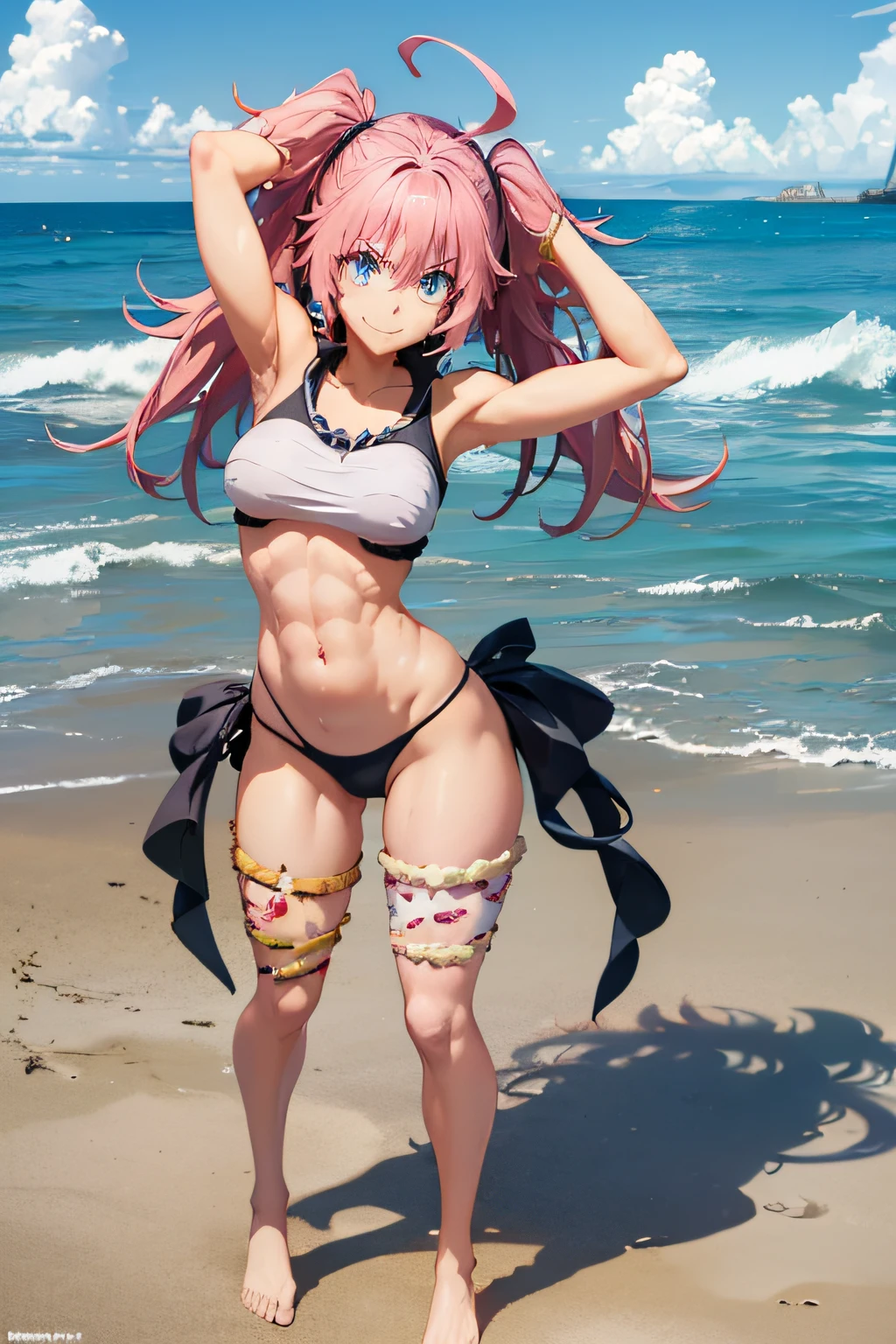 ((female)), (very messy hair), (smile), Evil look, fangs, ((ripped abdomen)), toned arms and legs, medium breasts, excessive sweating, (summer beach scene), blue eyes, yacht in the background, ((full body photograph)), ((fighting pose)), ((hands with closed fists)