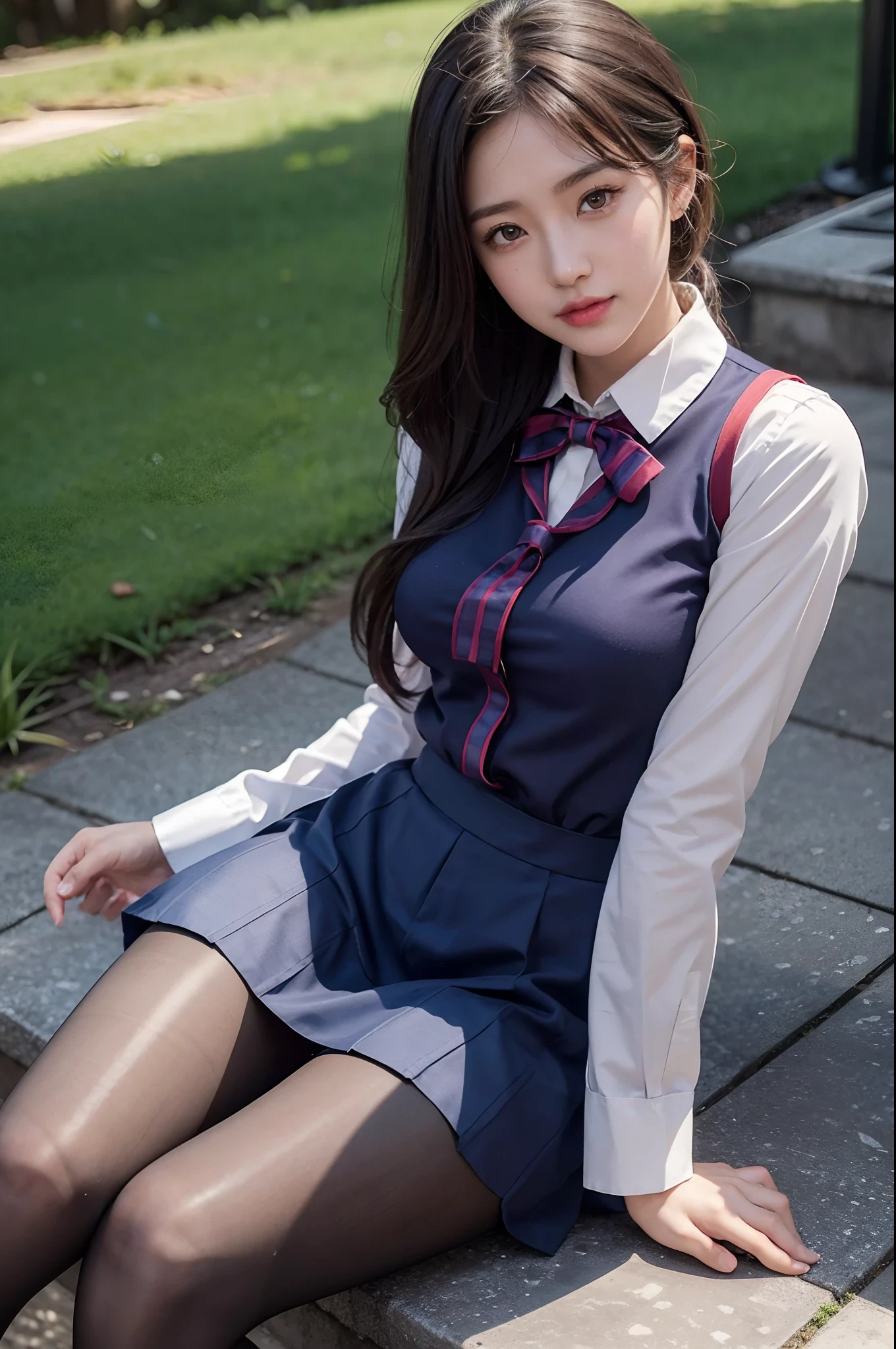 Girl VN02, Ultra realistic schoolgirl in summer uniform, ************ girl、serafuku、Seifuku, Color Sailor Uniform, Japan school uniform, Tempting smile、Japanese ido、Skirt and thighs、Sitting on the lawn、Sitting, (Wearing pantyhose、Ultra-realistic pantyhose)、Raw photo, (in 8K、top-quality、​masterpiece:1.2)、(intricate detailes:1.4)、(Photorealsitic:1.4)、octane renderings、Complex 3D rendering ultra detail, Studio Soft Light, Rim Lights, vibrant detail, super detailing, realistic skin textures, Very detailed CG Unity 16k wallpaper, make - up, (detailedbackground:1.2),　shinny skin、turned around、Exposed thighs!!!、