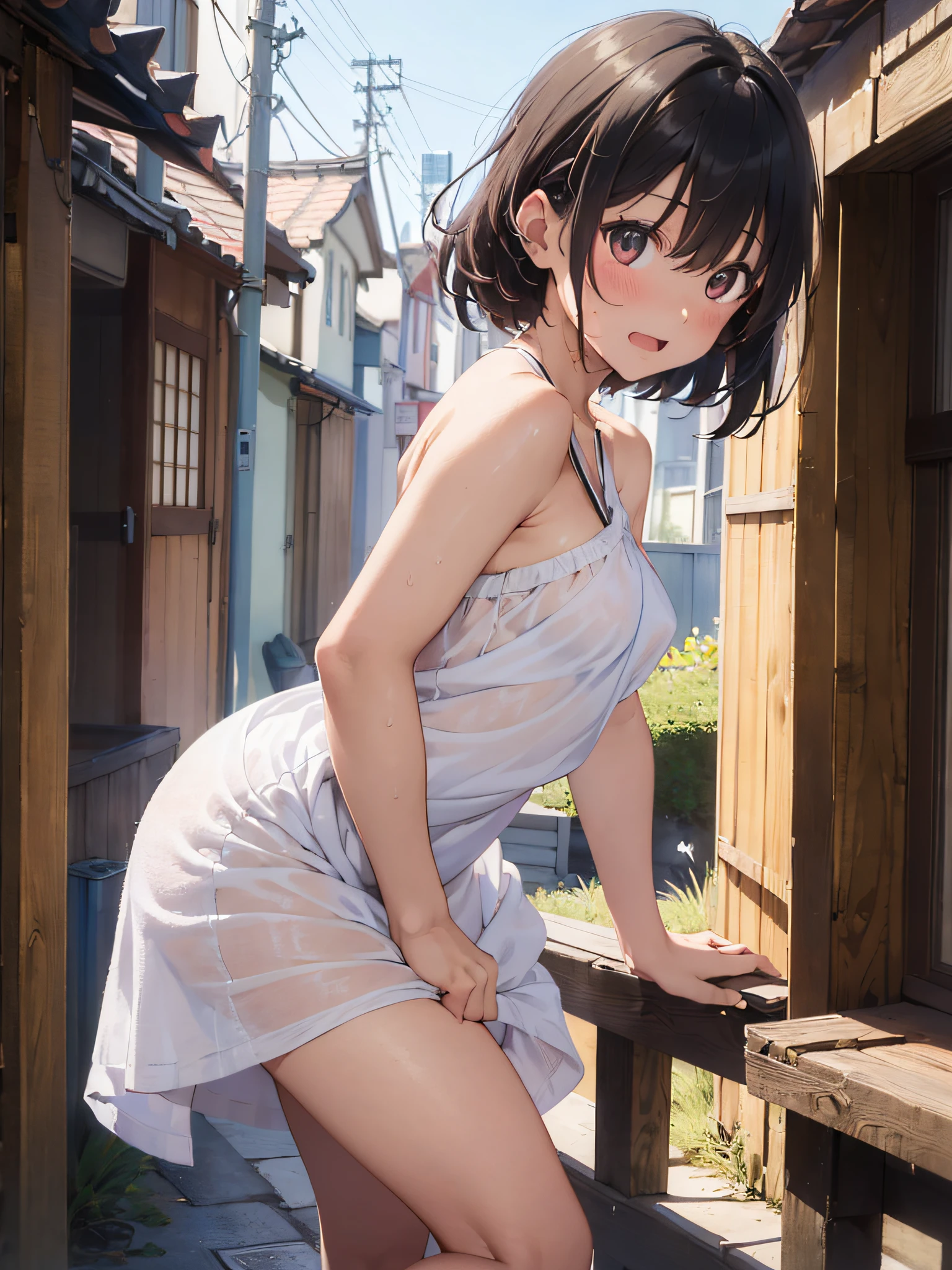 (masterpiece:2.0), (top-quality:2.0), (white Tube top extremely short length dress made by towel:1.5), (view from the side:1.5), (perfect exposed shoulders:1.5), (perfect exposed nape:1.5), (super sexypose:1.5), (blushed face:1.3), (barechested:1.3), (realistic:1.5), 1 girl, precise small hands, Embarrassed look, light smile, Open mouth, extremely cute girl, innocent face, young face, Clear eyes, Shining eyes, shoulder is visible, small breast, thigh is visible, No pubic hair, dynamic posing, The beautiful skin, ultra-definition, Top resolution, japan high school student, brown hair