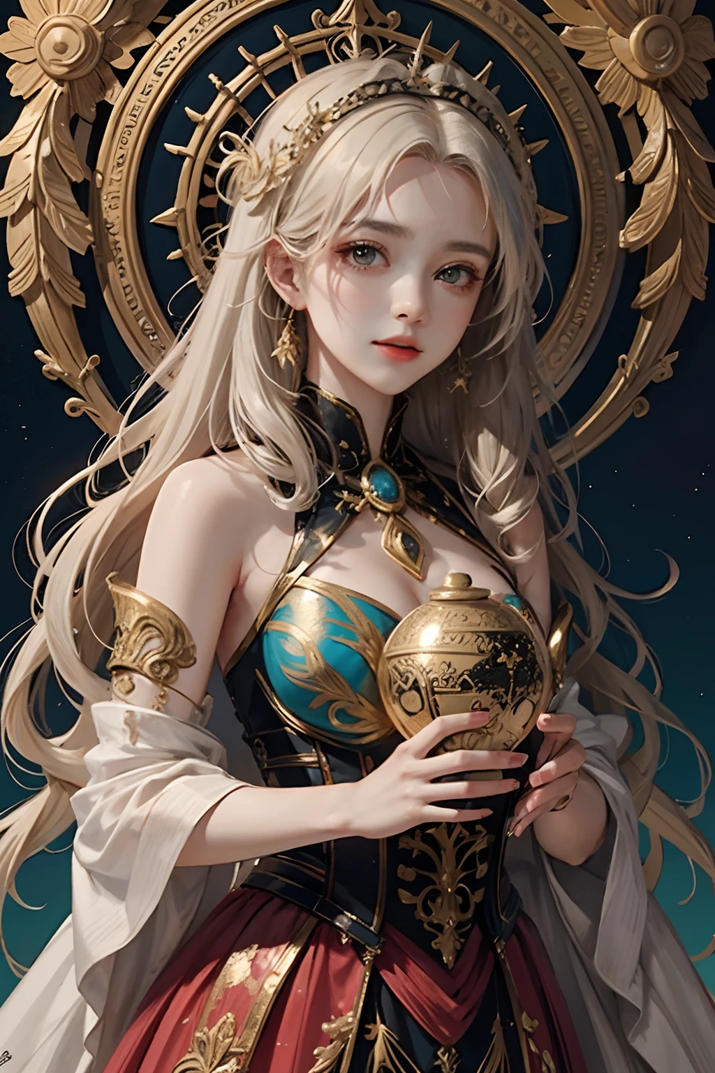 PerfectNwsjMajic,(masterpiece, top quality, best quality, official art, beautiful and aesthetic:1.2), (1girl), extreme detailed,colorful,highest detailed, official art, unity 8k wallpaper, ultra detailed, beautiful and aesthetic, beautiful, masterpiece, best quality, (zentangle, mandala, tangle, entangle) ,holy light,gold foil,gold leaf art,glitter drawing,