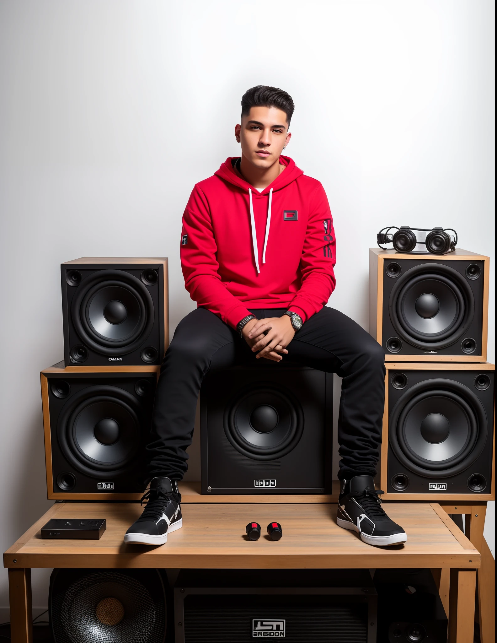 there is a man sitting on a bench with speakers behind him, dj, speakers, mid shot portrait, promo shot, cyberpunk style, joel torres, by Juan O'Gorman, full body portrait shot, promo photo, musician, high quality picture, detailed portrait shot, photo from a promo shoot, portrait shot, in his basement studio, tony taka, giant speakers, arian mark, (realistic,photorealistic,photo-realistic:1.37),boy with a realistic face and no facial changes,ultra-detailed portrait,highres,8k,hip hop style,real picture