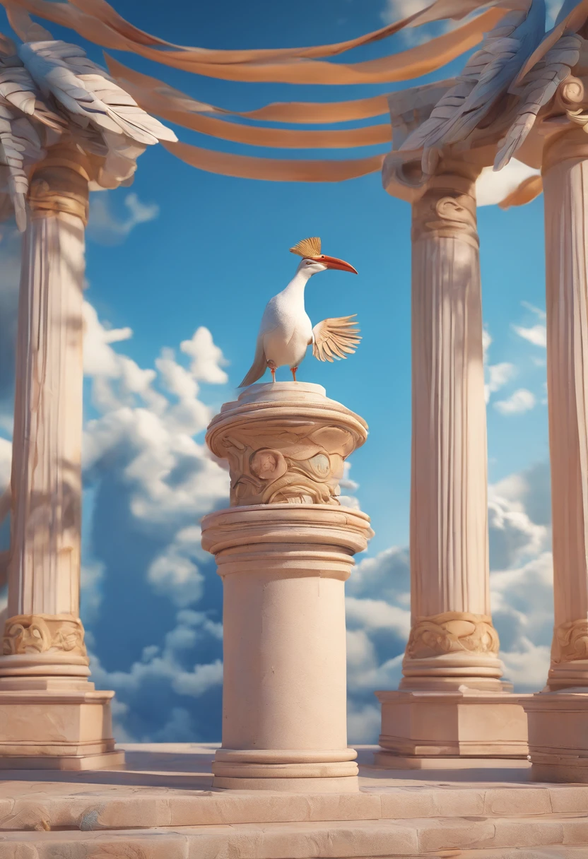 A mysterious actor with a bird mask stands atop ancient Greek columns, surrounded by fields of vibrant blue and white . In the background, an old cartoon plays out, adding a touch of whimsy to the scene. The actor's mask is intricately detailed, with feathers and beak-like features, while the rest of their attire is reminiscent of ancient Greek fashion. The composition of the image is carefully crafted, with the stairs leading up to the columns and the clouds in the sky adding depth and movement.