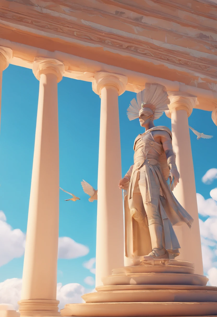 A mysterious actor with a bird mask stands atop ancient Greek columns, surrounded by fields of vibrant blue and white . In the background, an old cartoon plays out, adding a touch of whimsy to the scene. The actor's mask is intricately detailed, with feathers and beak-like features, while the rest of their attire is reminiscent of ancient Greek fashion. The composition of the image is carefully crafted, with the stairs leading up to the columns and the clouds in the sky adding depth and movement.