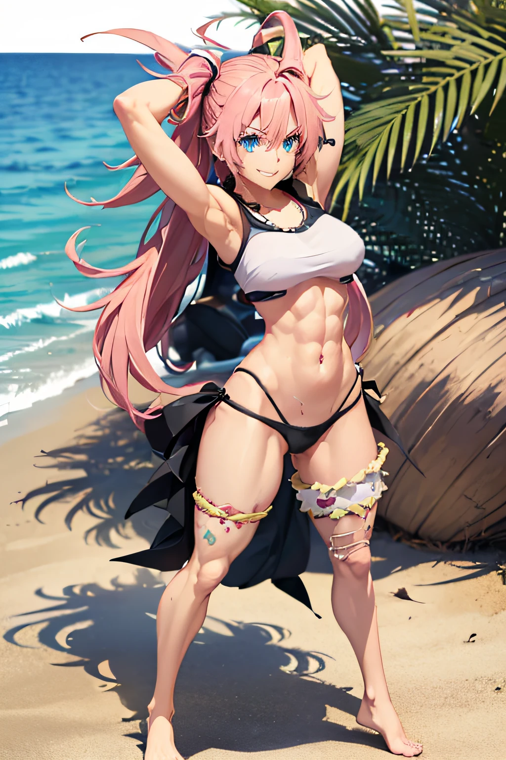 ((female)), (very messy hair), (smile), Evil look, fangs, ((ripped abdomen)), toned arms and legs, medium breasts, excessive sweating, (summer beach scene), blue eyes, yacht in the background, ((full body photograph)), ((fighting pose)), ((hands with closed fists)