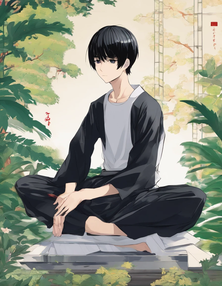 1 man  Black bowl cut japanese. Chunky white highlights on side. jitome. Black V necked  t-shirt. camouflage pants. kneeling on one leg. japanese animation. masterpiece.