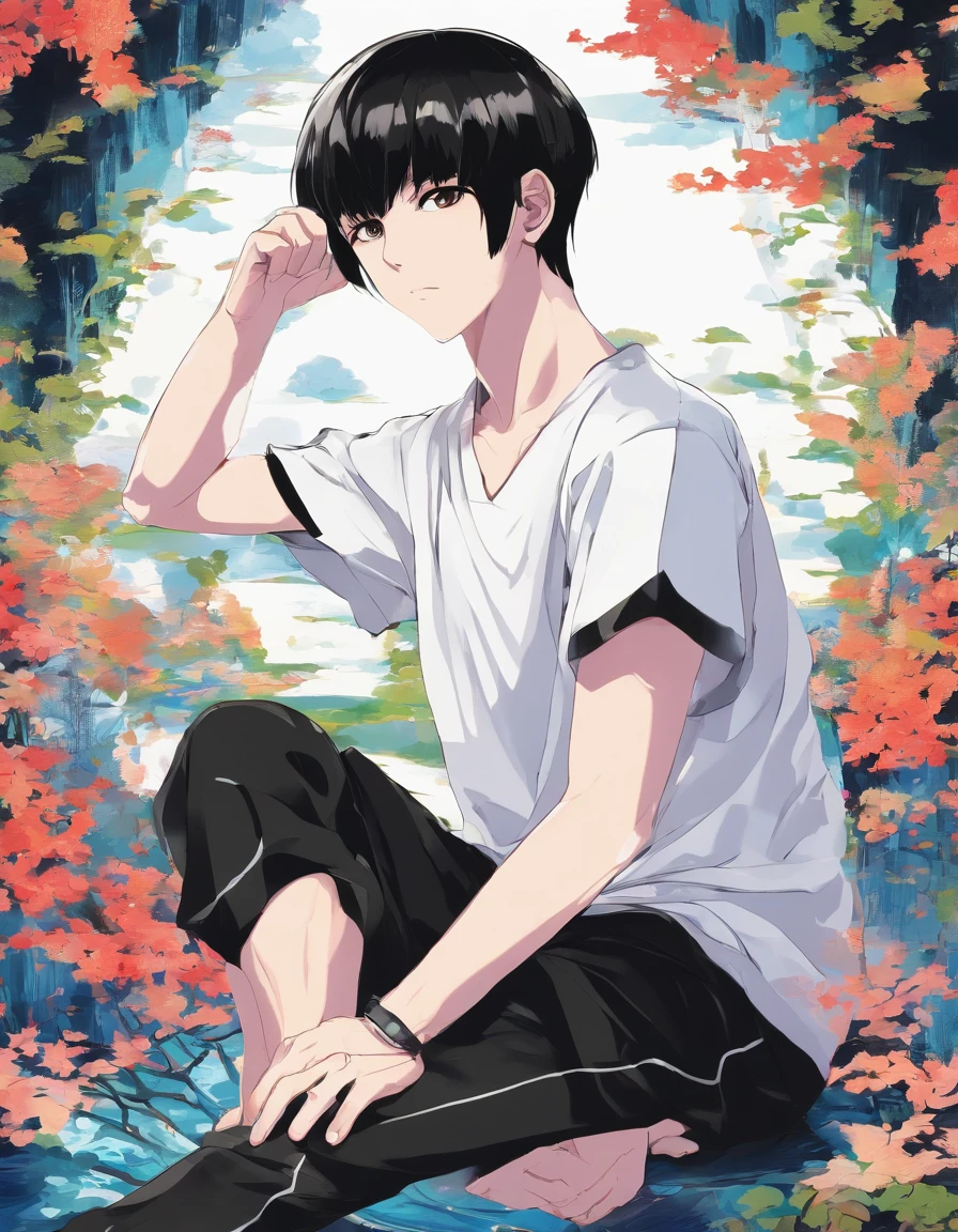 1 man  Black bowl cut japanese. Chunky white highlights on side. jitome. Black V necked  t-shirt. camouflage pants. kneeling on one leg. japanese animation. masterpiece.