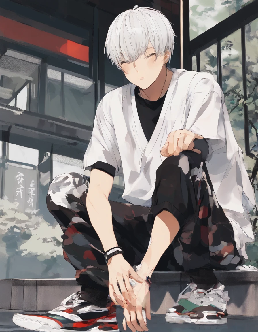 1 man  Black bowl cut japanese. Chunky white highlights on side. jitome. Black V necked  t-shirt. camouflage pants. kneeling on one leg. japanese animation. masterpiece.