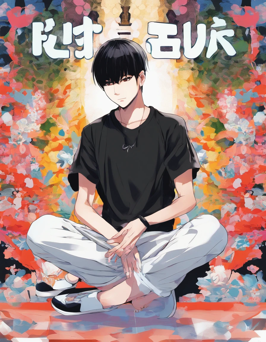 1 man  Black bowl cut japanese. Chunky white highlights on side. jitome. Black V necked  t-shirt. camouflage pants. kneeling on one leg. japanese animation. masterpiece.