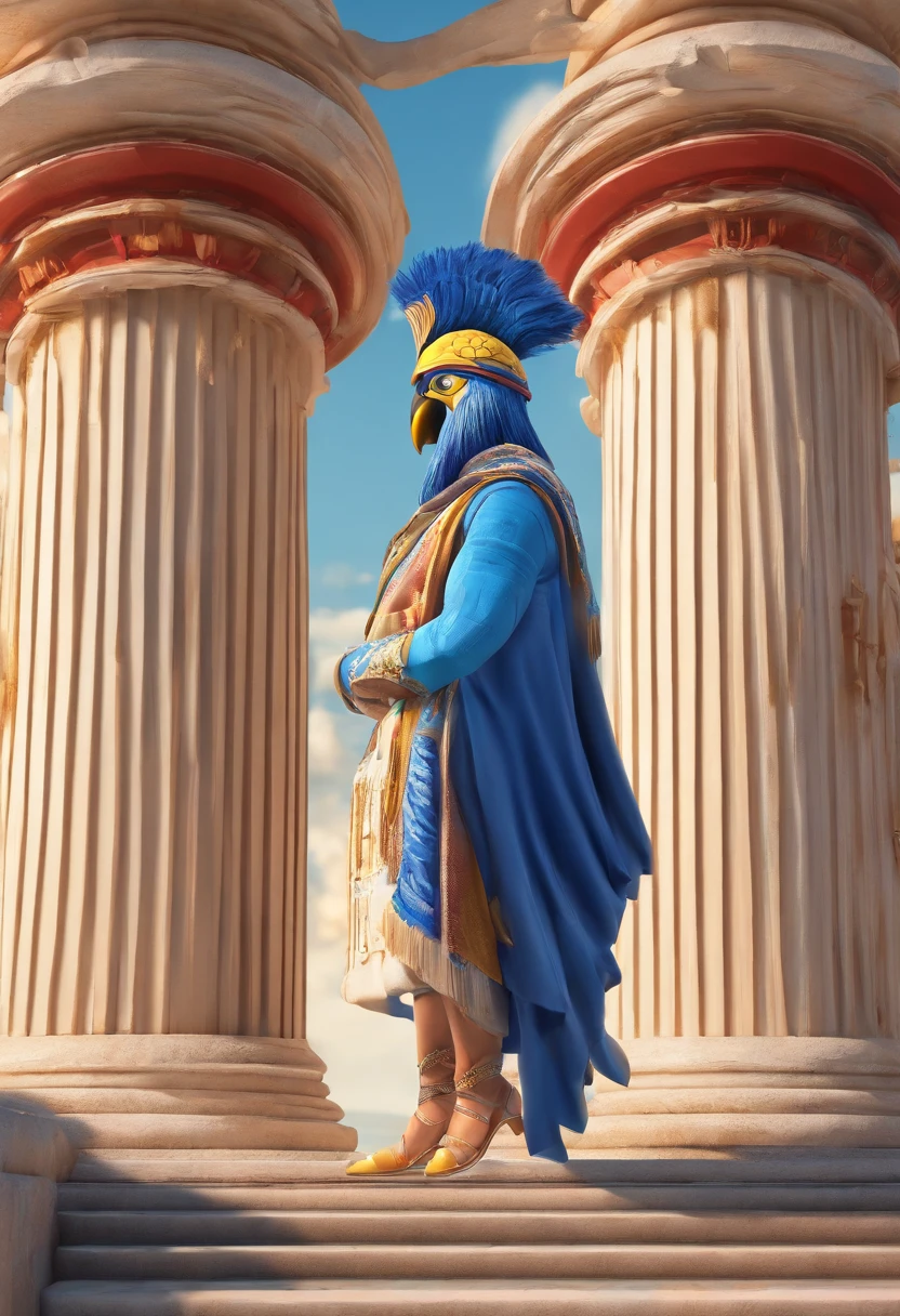 A mysterious actor with a bird mask stands atop ancient Greek columns, surrounded by fields of vibrant blue and white . In the background, an old cartoon plays out, adding a touch of whimsy to the scene. The actor's mask is intricately detailed, with feathers and beak-like features, while the rest of their attire is reminiscent of ancient Greek fashion. The composition of the image is carefully crafted, with the stairs leading up to the columns and the clouds in the sky adding depth and movement.
