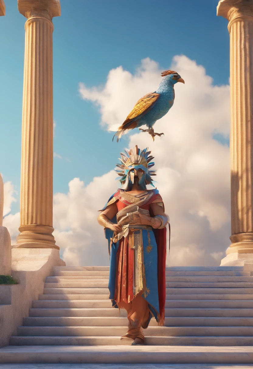 A mysterious actor with a bird mask stands atop ancient Greek columns, surrounded by fields of vibrant blue and white . In the background, an old cartoon plays out, adding a touch of whimsy to the scene. The actor's mask is intricately detailed, with feathers and beak-like features, while the rest of their attire is reminiscent of ancient Greek fashion. The composition of the image is carefully crafted, with the stairs leading up to the columns and the clouds in the sky adding depth and movement.