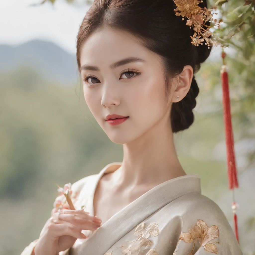 a moon、Detailed background((ancient city:1.2),细致背景)、Elegant backgrounds,Zen entanglement, mandalas, Tangled, Tangled,glossy dark hair,poneyTail,Lots of bouquets in hand, BREAK,elaborate costume{Luxury kimono(Colorful kimono(Detailed golden embroidery,))}、Japanese Idol(actress),Depict a beautiful and graceful woman of Japan。Heart in the eye。 Wallpapers 16K, .Blur the background with a sickle,((masutepiece)), ((Best Quality)),{{a portrait photo of}},full body Esbian