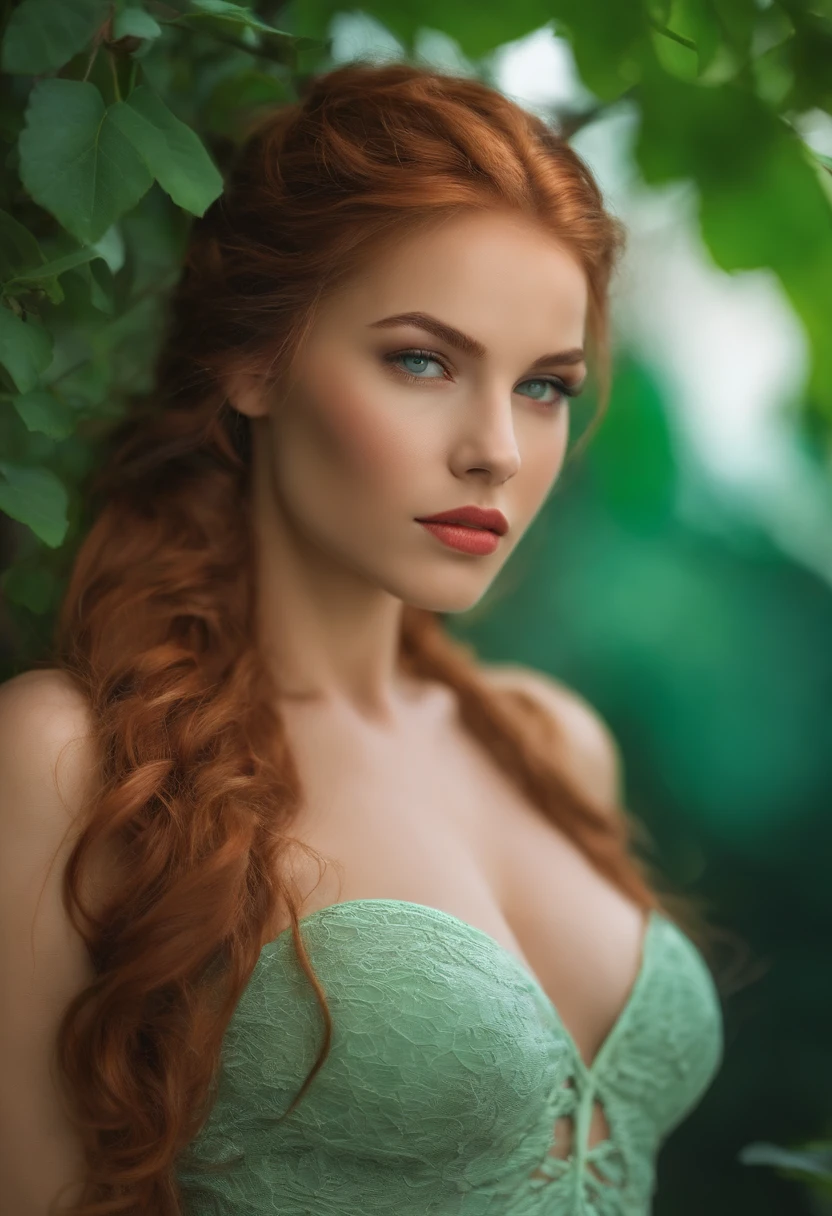 Femme magnifique , Age 18 ans , cheveux long rousse avec des tresse , Realistic skin hydration , Yeux en amande , couleurs yeux vert clair , bouche pulpeuse ,Luscious lip sexy look , gros seins , bikini sexy couleur noir