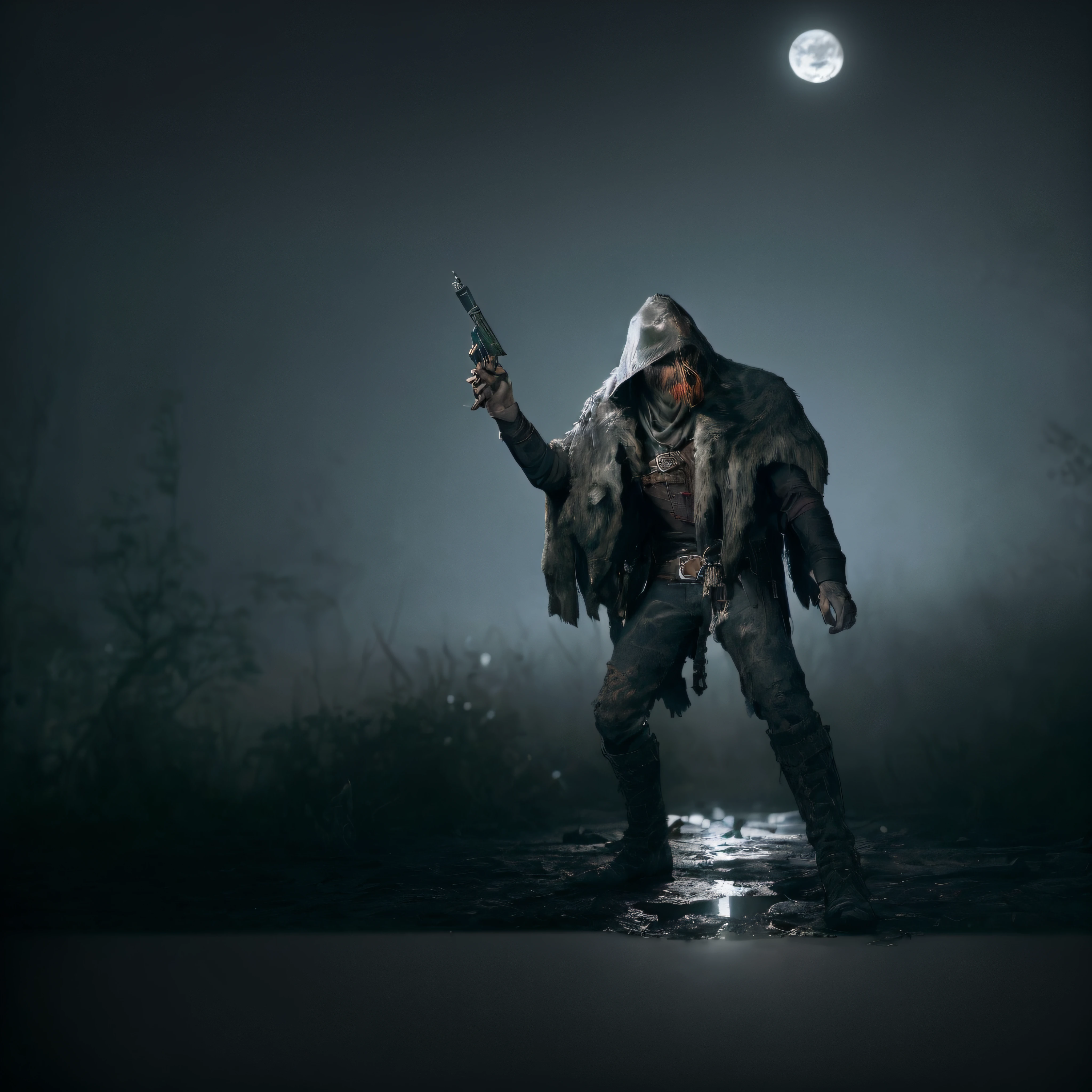 Create a captivating and atmospheric digital artwork that immerses viewers in the haunting and perilous world of Hunt: Showdown. Depict "Lonely Howl," a renowned and enigmatic hunter known by many but closest to his confidante, Sebastian.

Lonely Howl should be the central focus of the artwork, standing in a dimly lit, mist-shrouded swampy environment, typical of the game's setting. He embodies a rugged and mysterious persona, clad in a pelt of a grey wolf and a tattered, brown, bloodstained cloak that billows around him. This attire should convey the wear and tear of his relentless pursuit of the supernatural and the mundane.

Detail the scars on his body, earned through countless battles and encounters with the unknown. His hands should prominently display a golden ring adorned with an emerald gemstone, signifying a treasured possession with an untold story.

Lonely Howl wears a wendigo mask attached firmly to his face, an eerie and unsettling visage that hints at the horrors he has faced. The mask should carry intricate details and an unsettling aura.

Capture the essence of his ability - "dark sight" - as it manifests through his eyes. His gaze should pierce through the darkness, revealing spectral clues and the presence of other hunters and creatures lurking nearby. Convey this ability with an ethereal glow or aura surrounding his eyes.

Lonely Howl clutches his favorite weapon, a .45 Smith & Wesson affectionately nicknamed "Death Howl." Render this firearm with meticulous detail, showcasing its worn but well-maintained appearance.

The overall atmosphere should be one of suspense and trepidation, with hints of the supernatural and the unknown lurking in the shadows. Moody lighting, dense fog, and subtle glimpses of supernatural creatures should set the tone.

This artwork should encapsulate the essence of Lonely Howl as a relentless and enigmatic hunter, blending the gritty realism of Hunt: Showdown with the eerie and supernatural elements of the game.