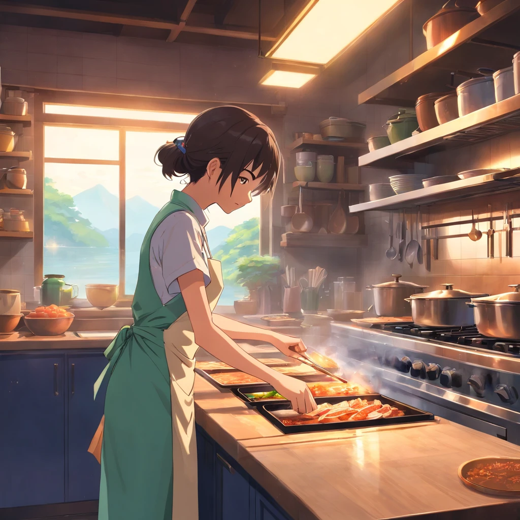 Interior Design Asian Kitchen with Girl Cooking, She is Yong female wearing apron