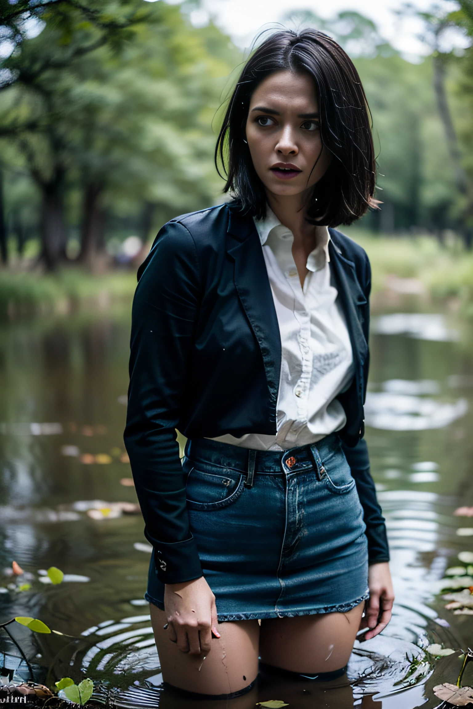 (Best Quality,4k,8K,hight resolution,Masterpiece:1.2),Ultra-detailed,(Realistic,Photorealistic,photo-realistic:1.37),detailed depiction,expression of despair,Gloomy color tones,,Obsessive gaze,Psychological thriller,gloomy ecstasy,A humiliating image,Complex Connections,Vulnerable protagonist,despair,Dark Narrative,A Disturbing Psychological Study,Thrilling Tension,Ambiance Lighting,dramatic composition,ominous vibe,Anxious atmosphere,Gloomy and mysterious surroundings,woods, (drowning in a swamp:1.3),Bob haircut,Pronounced wrinkles, jeans skirt, Stockings with garters, blouse