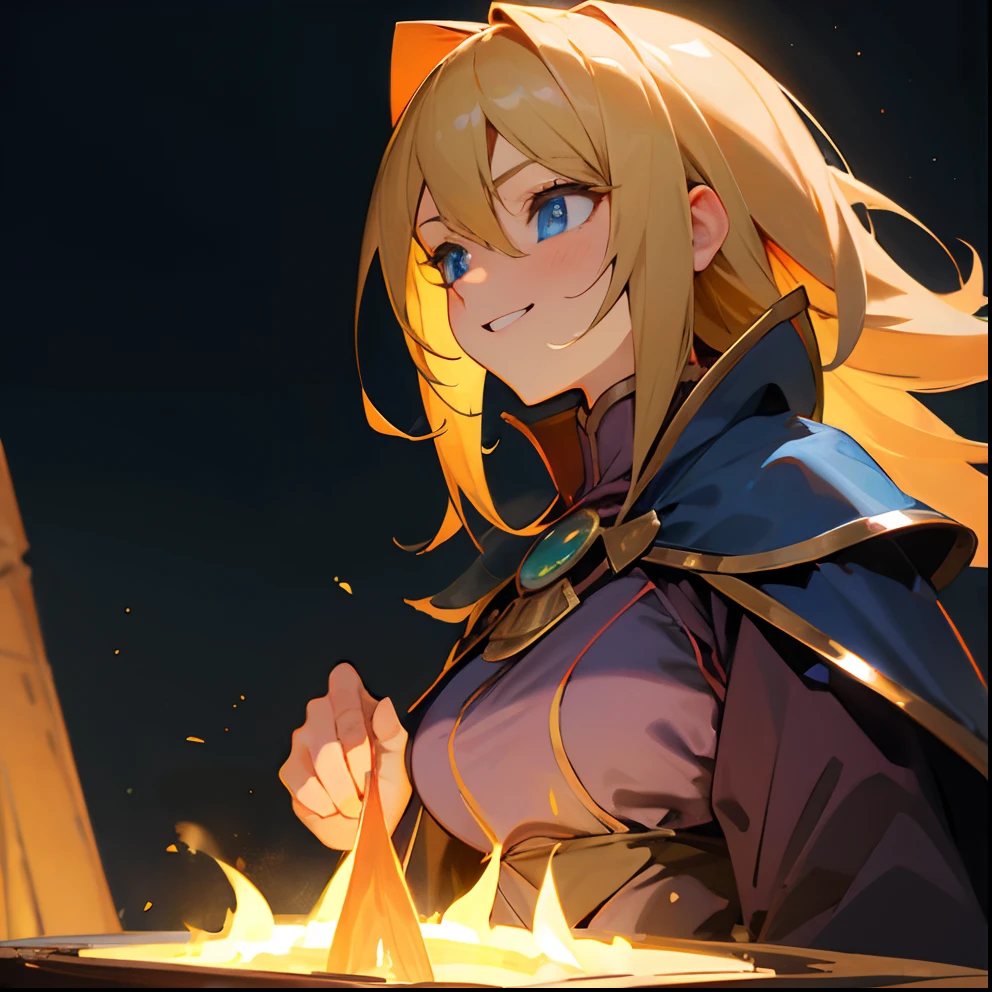 Dark Magician Girl、MKSKS style、Solo、(highly detailed back ground:1.0)、(highly detailed back ground:1.0)、masterpiece、top-quality、超A high resolution、in 8K、upper Shot、(1/2 Gold and 1 Gold/2 Light yellow hair)、BREAK、Detailed skin、glowy skin、A detailed eye、Blue eyes、Burning cheeks、Laughing、Large breasts、BREAK、medieval clothing:1.2、Detailed clothing、looking in camera、(camp fire:1.2)