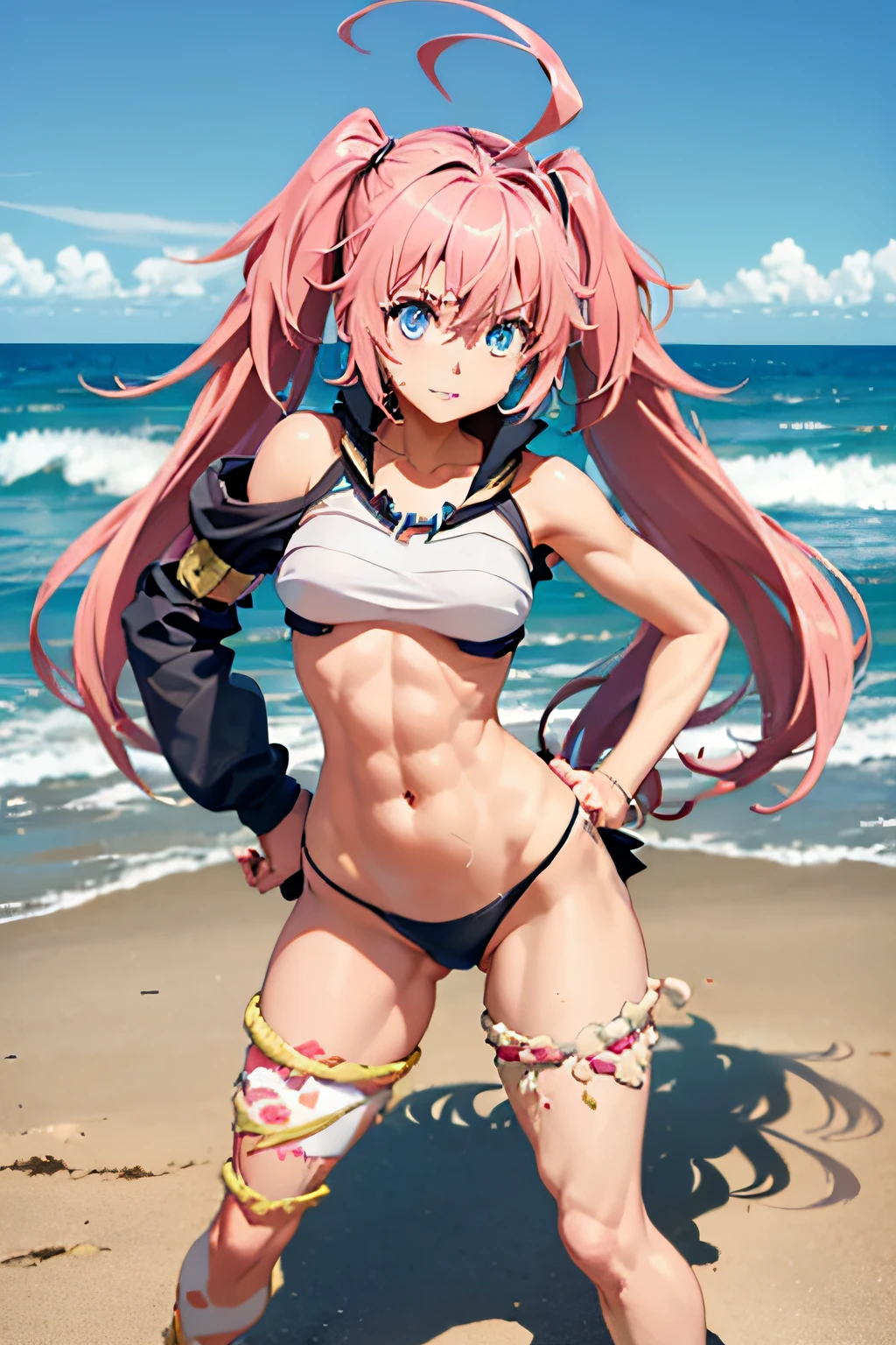 ((female)), (very messy hair), (serious look), fangs, ((ripped abdomen)), toned arms and legs, small breasts, excessive sweating, (summer beach scene), blue eyes, yacht at background, high quality, 8k, faithful to the original, hands on hips, ((the camera showing close up from bottom to top)), ((full body photography))