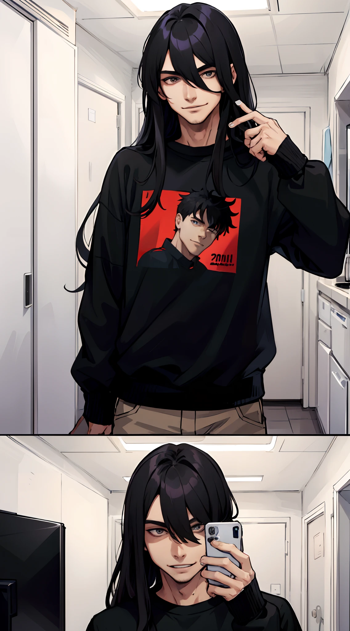 A handsome boy, 20 years old, a psychopath face, evil smile, hair is long, long hair with bangs, wearing a black sweatshirt, and holding a mobile phone in his hand, cell phone call