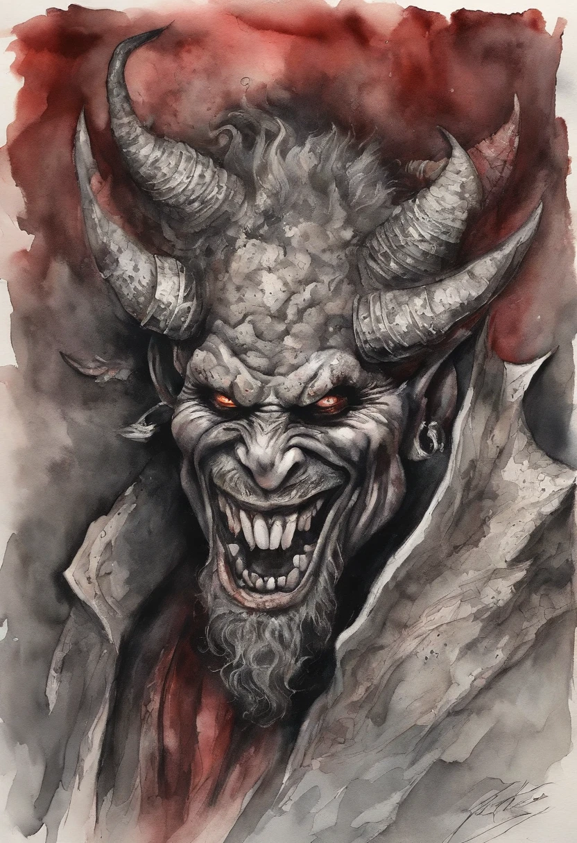 (best quality,Altas),devil,Escuro,circunstanciado,retrato,cara vermelha,olhos de fogo,chifres na testa,Casaco,cigarette smoke,Badass,Villain,Comic book style,vivid colors,demoniaca,Underworld Setting,ominous lighting,menacing expression,pele marcada,Tatuagens,piercings,devilish smile,heroic pose,fundo sombrio,Wisps de fogo,atmosfera fumegante