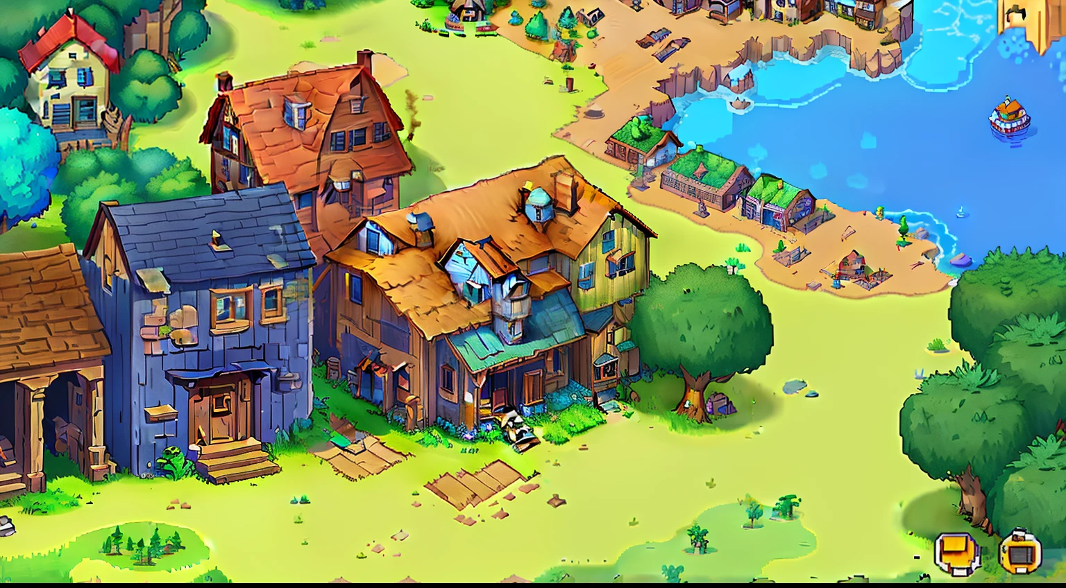 a close up of a cartoon town with a pond and a building, screenshot from the game, cave town, lo-fi retro videogame, screenshot from game, mining outpost, indie game concept art, video game screenshot>, concept pixelart, videogame screenshot, detailed game art, stardew valley, gameplay still, videogame still, in game screenshot, isometric pixelart