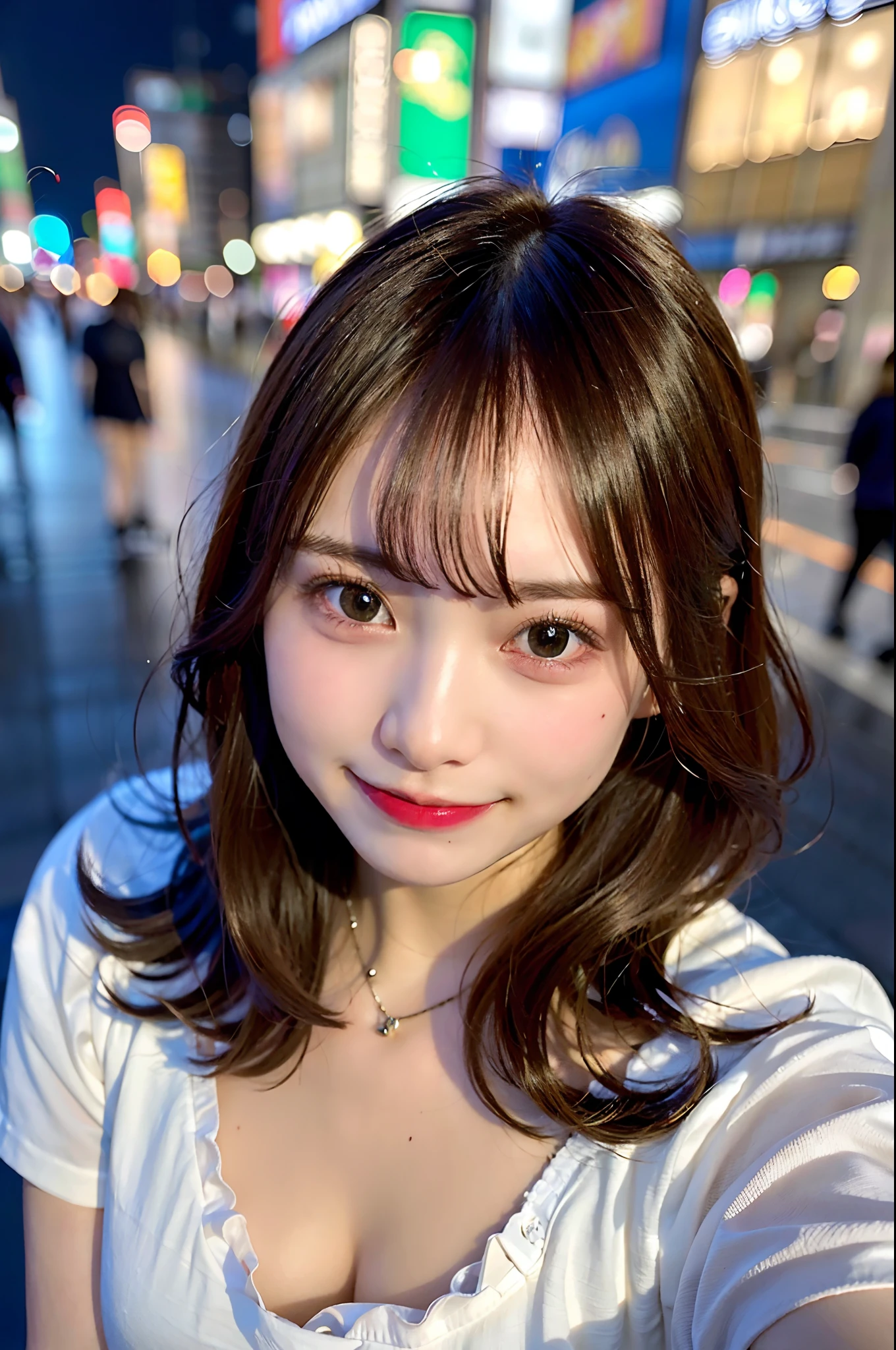 Tabletop, highest quality, figure, Super detailed, In detail, High resolution, 8k wallpaper, Perfect dynamic composition, Beautiful fine details, She is wearing a black dress,Medium Hair,Natural color lip, Bold sexy pose,smile,Harajuku、20-year-old girl、cute、sexy shot looking at camera、C Cup、Brown Hair、caste-like face、Blurred night downtown background