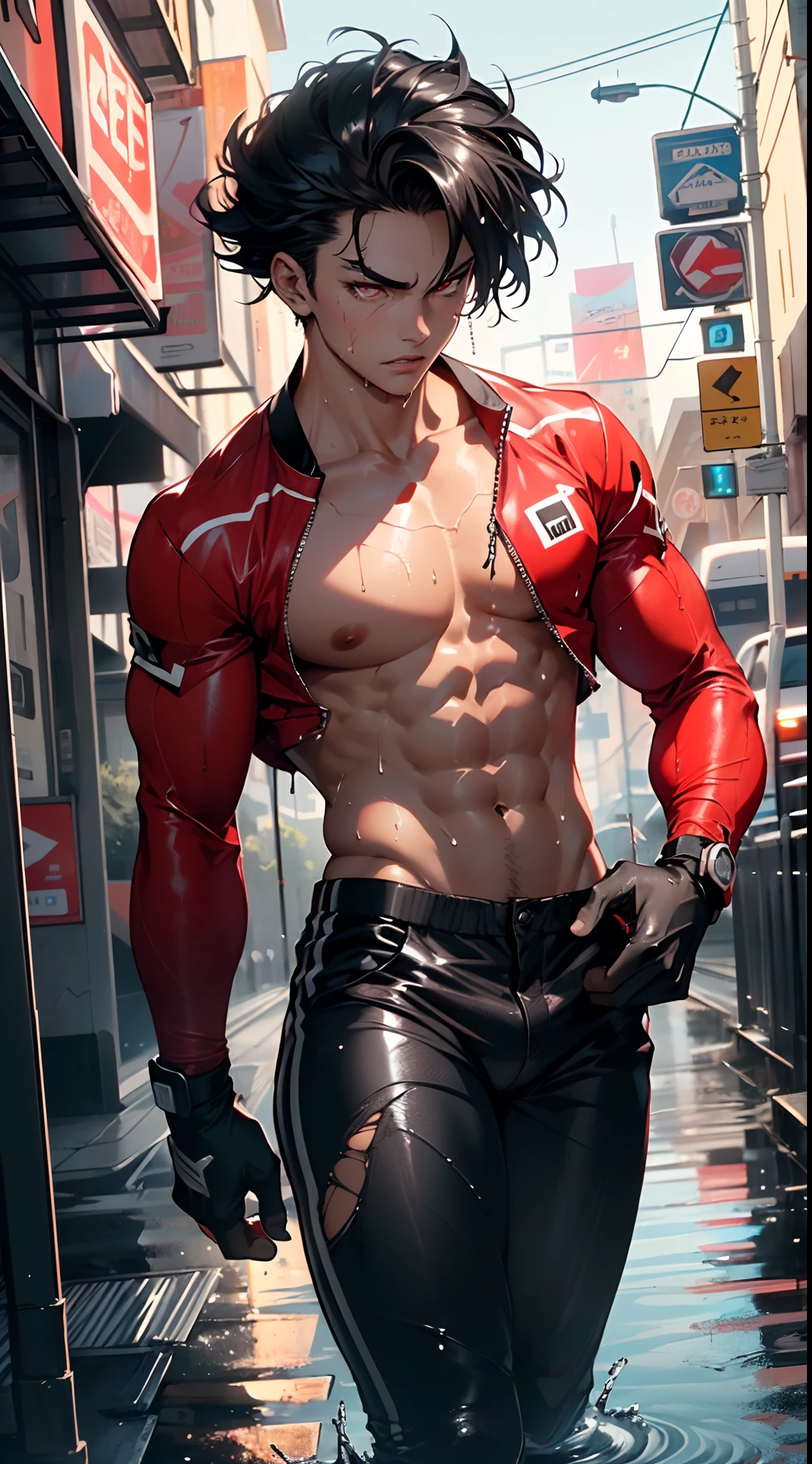 (1man:1.3),20-year-old,muscle,
muscle man,(((male gender:1))),
black hair,(((red_eyes:1.3))),intricate eyes,big pectorals,((muscle body,perfect anatomy))),
serious and thoughtful man,(nsfw),
(((dirty skin:1.5,lustrous skin:1.5,bright skin: 1.5,skin tanned,shiny skin,very shiny skin,shiny body,plastic glitter skin,exaggerated shiny skin,illuminated skin,wet legs))),(detailed body),
Wild Spike Black Saiyan, dirt smeared face,toned athletic body, (((has bare back and chest))), ((wet clothes,intricate outfit,intricate clothes,dirty clothes,torn clothes)),
(dynamic pose:1.0),solo focus,(angry),(centered,scale to fit dimensions,Rule of thirds),
cyberpunk city by the ocean at night, with bright neon signs and dark stormy clouds and puddles, scenery:1.25,
artistic photography,(photography taken by sldr),highres, sharp focus, (ultra detailed, extremely detailed), (photorealistic artwork:1.37),(extremely detailed CG unity 8k wallpaper),((synthwave background theme)),(((vibrant colors))),(intricate background),(masterpiece),(best quality),