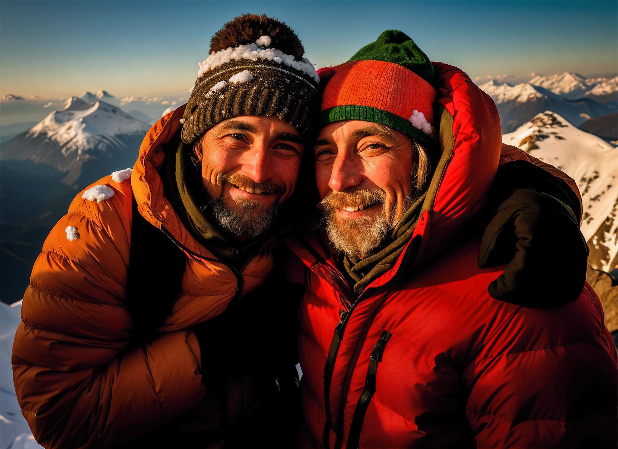 There are two men standing together on a mountain with mountains in the background.., They have traces of snow and wear and tear from wearing their clothes from climbing to the top of the mountain.