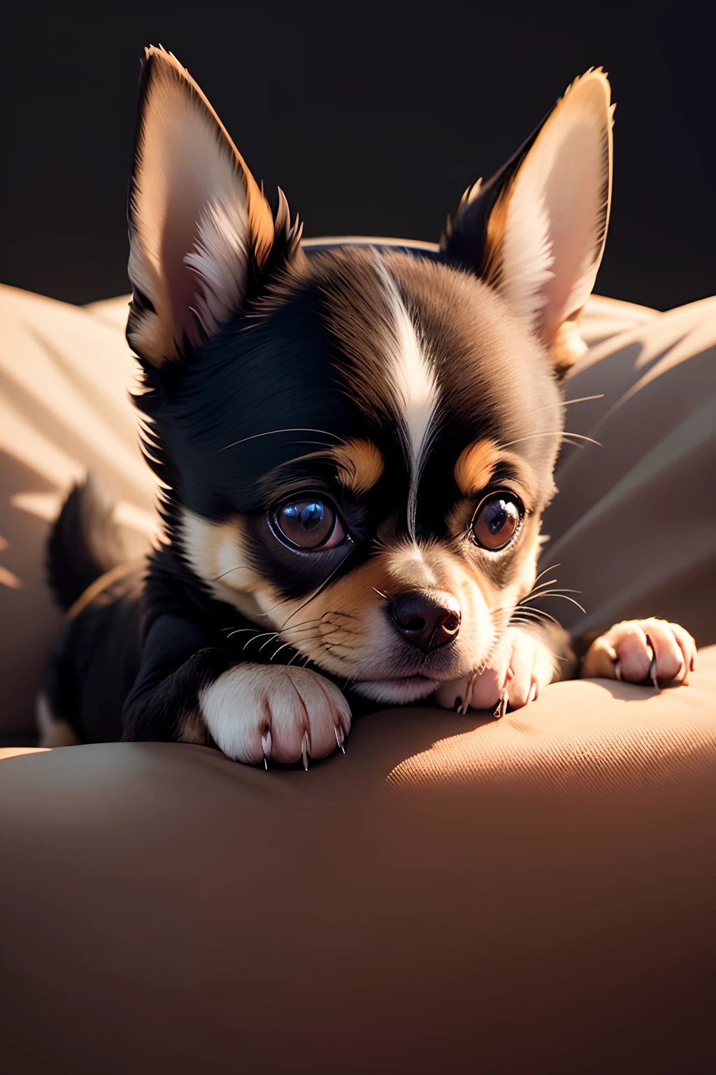 A small black and tan Chihuahua is relaxing on a couch. Its ears are pointed and its eyes are filled with curiosity. The dog's face is illuminated by a soft light, with markings around the eyes accentuating its features. A white patch on its chest emphasizes the contrast in its coat.