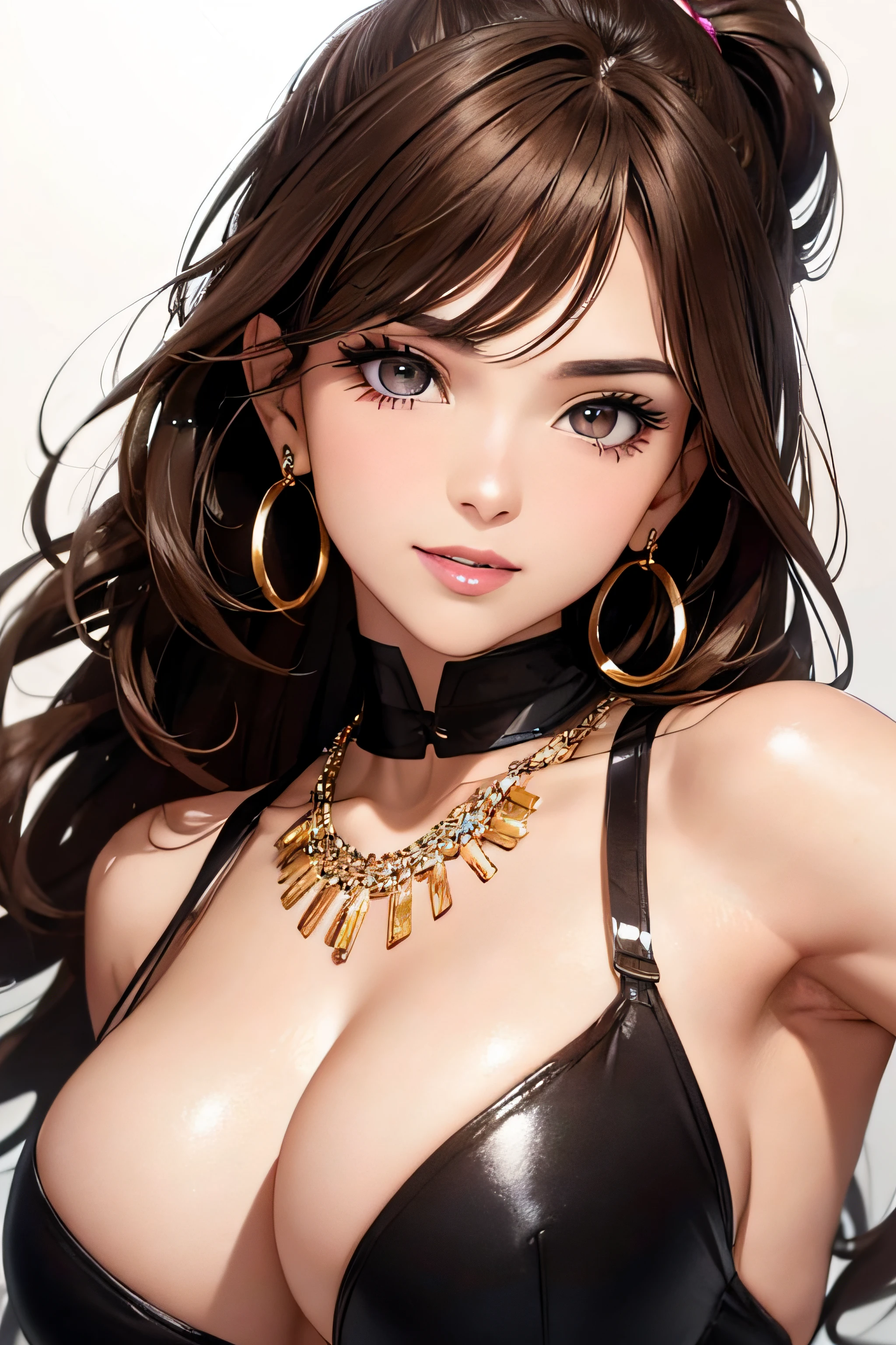 (One frontal photo), Beautiful face, Highly detailed face and skin texture, (Detailed eyes), Brown eyes, Double eyelids, Fine eyebrows, Glitter eyeliner: 1.2, Natural cheeks, Shiny skin, Light skin: 1.2, Shiny necklace and earrings, (Shiny lips: 1. 4), (Seductive smile), (20 years old), (High ponytail, Wavy hair, Brown hair, Diagonal bangs), Medium long hair, ((Upper body shot)), (Focus on chest and face), Medium large breasts, Perky breasts.