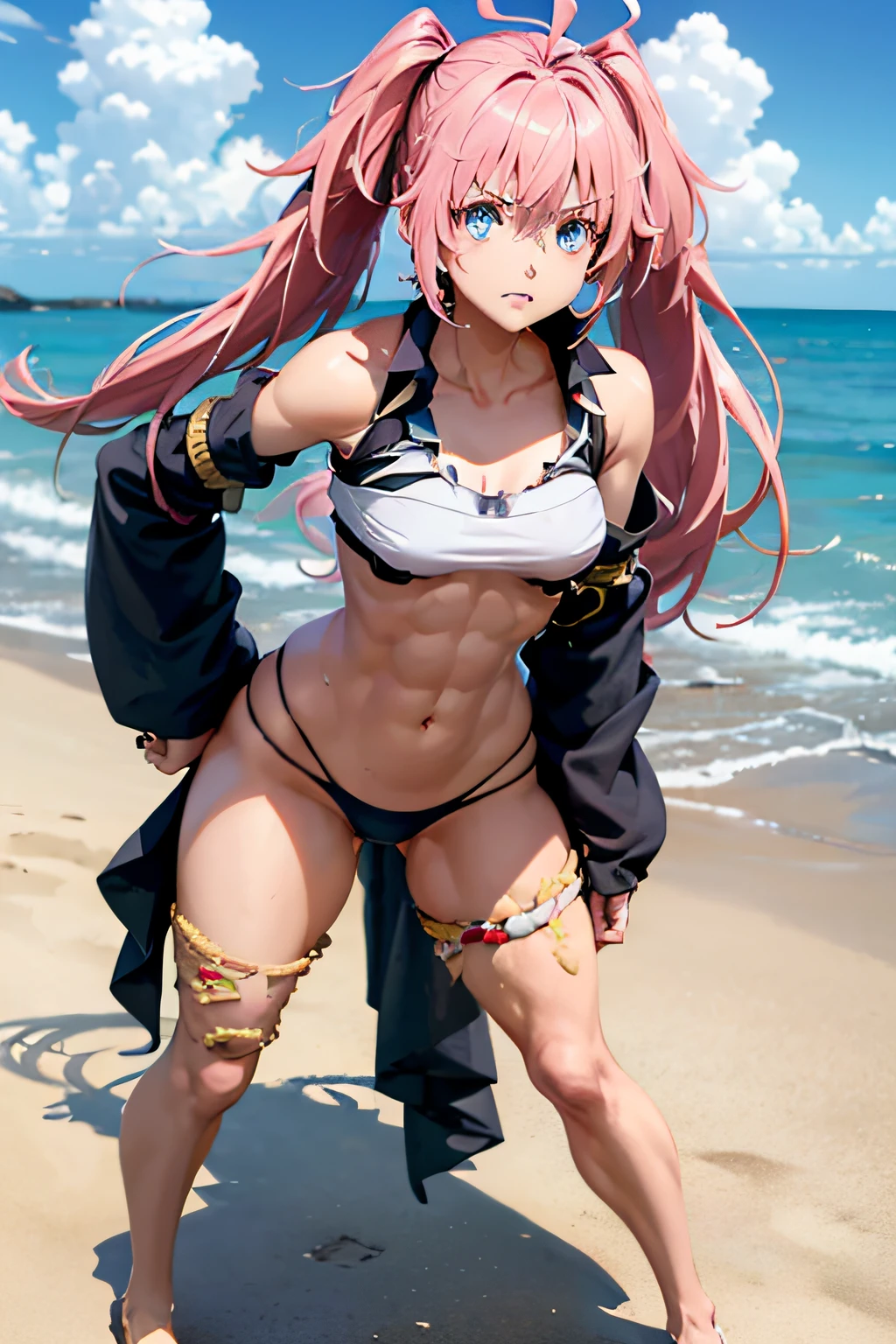 ((female)), (very messy hair), (serious look), fangs, ((ripped abdomen)), toned arms and legs, small , excessive sweating, (summer beach scene), blue eyes, yacht at background, high quality, 8k, faithful to the original, hands on hips, ((the camera showing close up from bottom to top)), ((full body photography))
