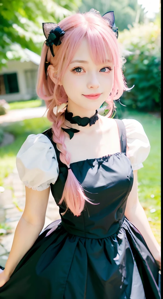 (ultra-detailliert), Cute princess dress in black,(frilly dress),(shortsleeves),Blue eyes,The upper part of the body、a closeup、faces、(A smile:1.5),(facing front:1.2), 20yr old, teens girl,no tail,(no tail),2D, ​masterpiece, top-quality, Band Group Vocals, a closeup,  Stand Microphone, Mouth open, A detailed eye, A detailed face, girl with, Only 1 person,Pink Hair Medium Hair, (Pink hair),  Ear Hair, small tits, Single braid, (Single braid), (Side braid), Pink ribbon, Ribbon around the neck, (White sleeves), Background bokeh