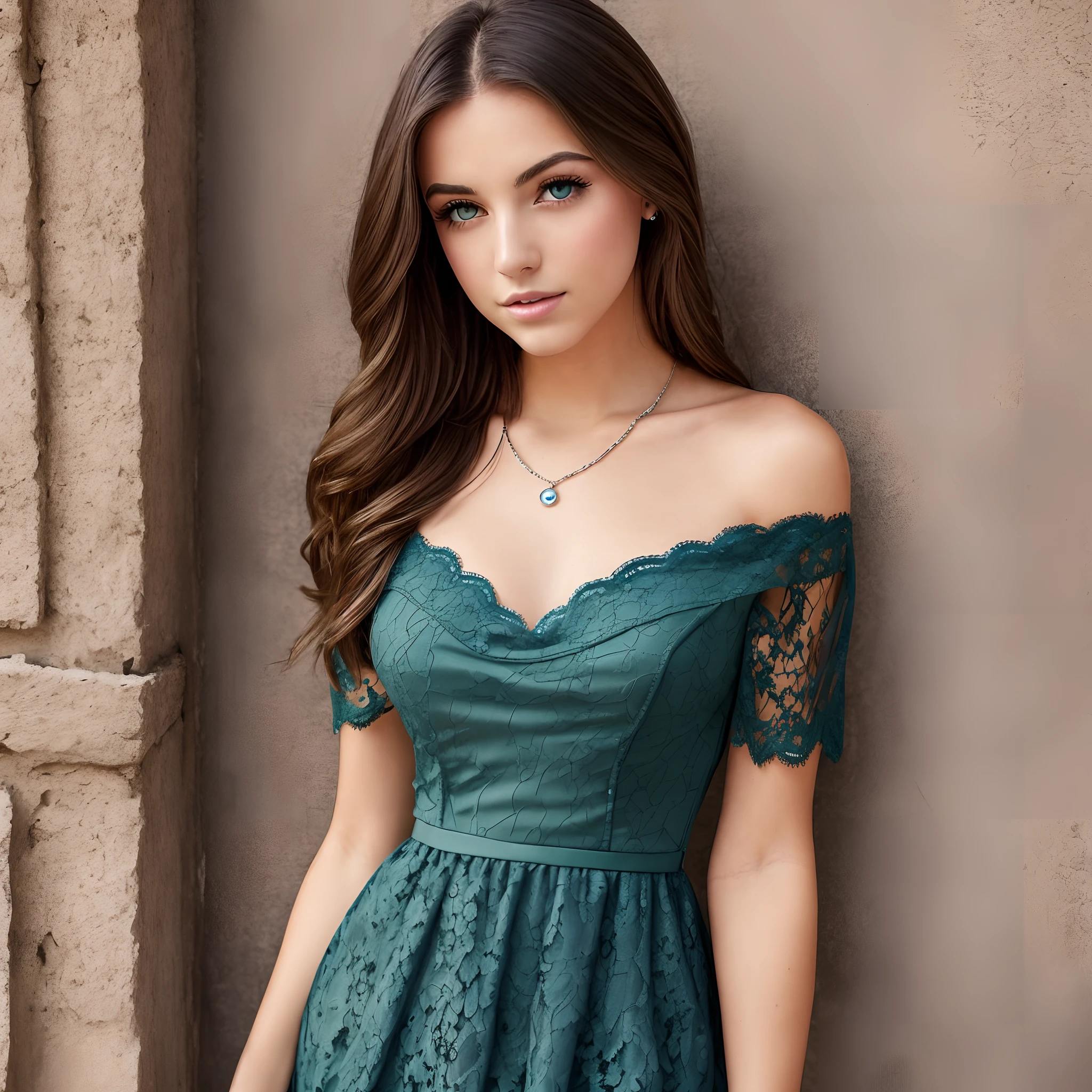 a young brunette woman, dark green eyes, lightly dressed in a blue lace dress --auto --s2