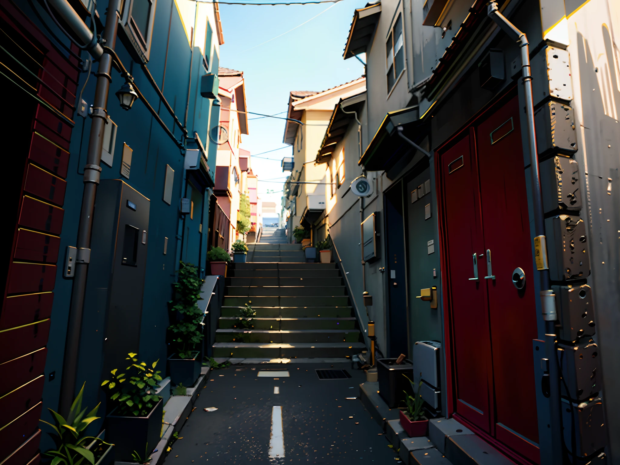 in an alley there are stairs going up, there are green trees, daylight, 8k, professional art, realistic art