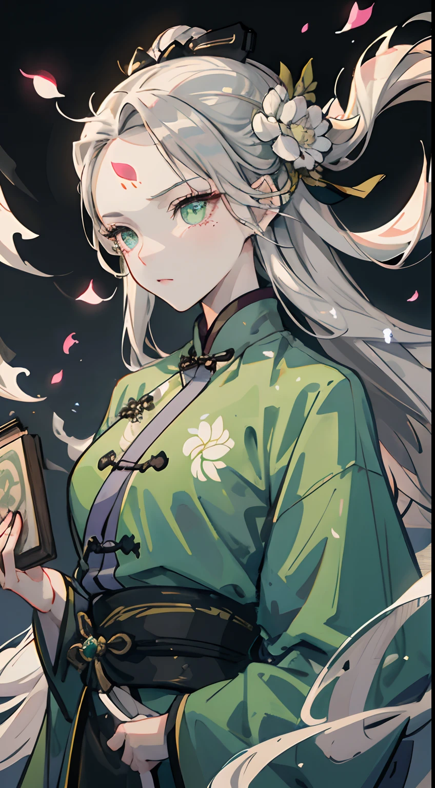 Adult female, strong, green eyes, long silver hair, floating hair, forehead wipe, resolute eyes, complex white Taoist Taoist uniform, gorgeous accessories, magic smoke around him, fov, f/1.8, masterpiece, ancient Chinese architecture, night, flower petals flying, front portrait shot, side lighting, moonlight shining on people, 8K, ultra HD, HDR