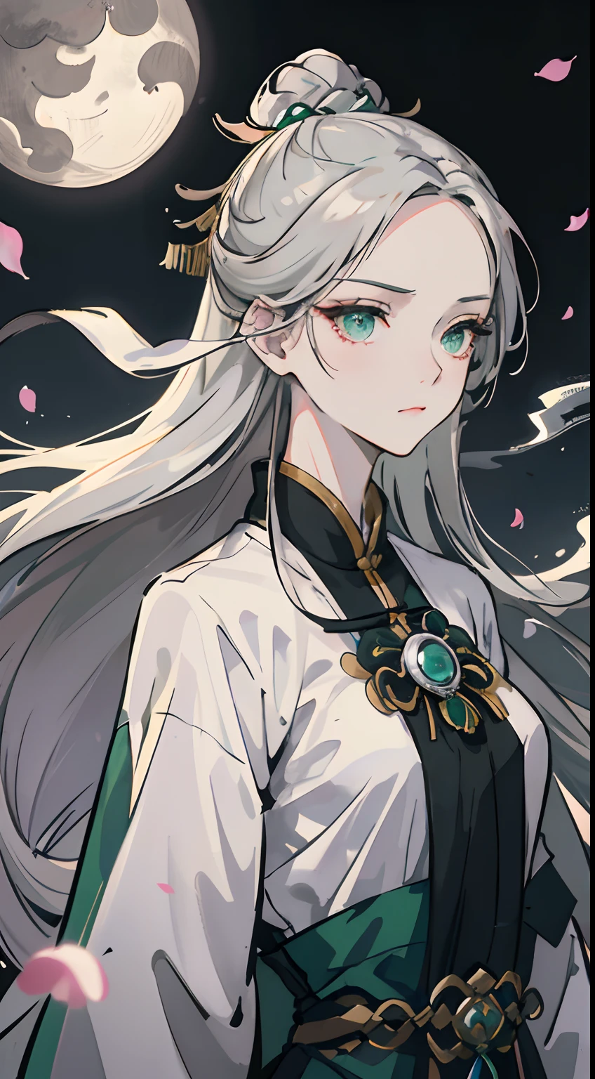 Adult female, strong, green eyes, long silver hair, floating hair, forehead wipe, resolute eyes, complex white Taoist Taoist uniform, gorgeous accessories, magic smoke around him, fov, f/1.8, masterpiece, ancient Chinese architecture, night, flower petals flying, front portrait shot, side lighting, moonlight shining on people, 8K, ultra HD, HDR