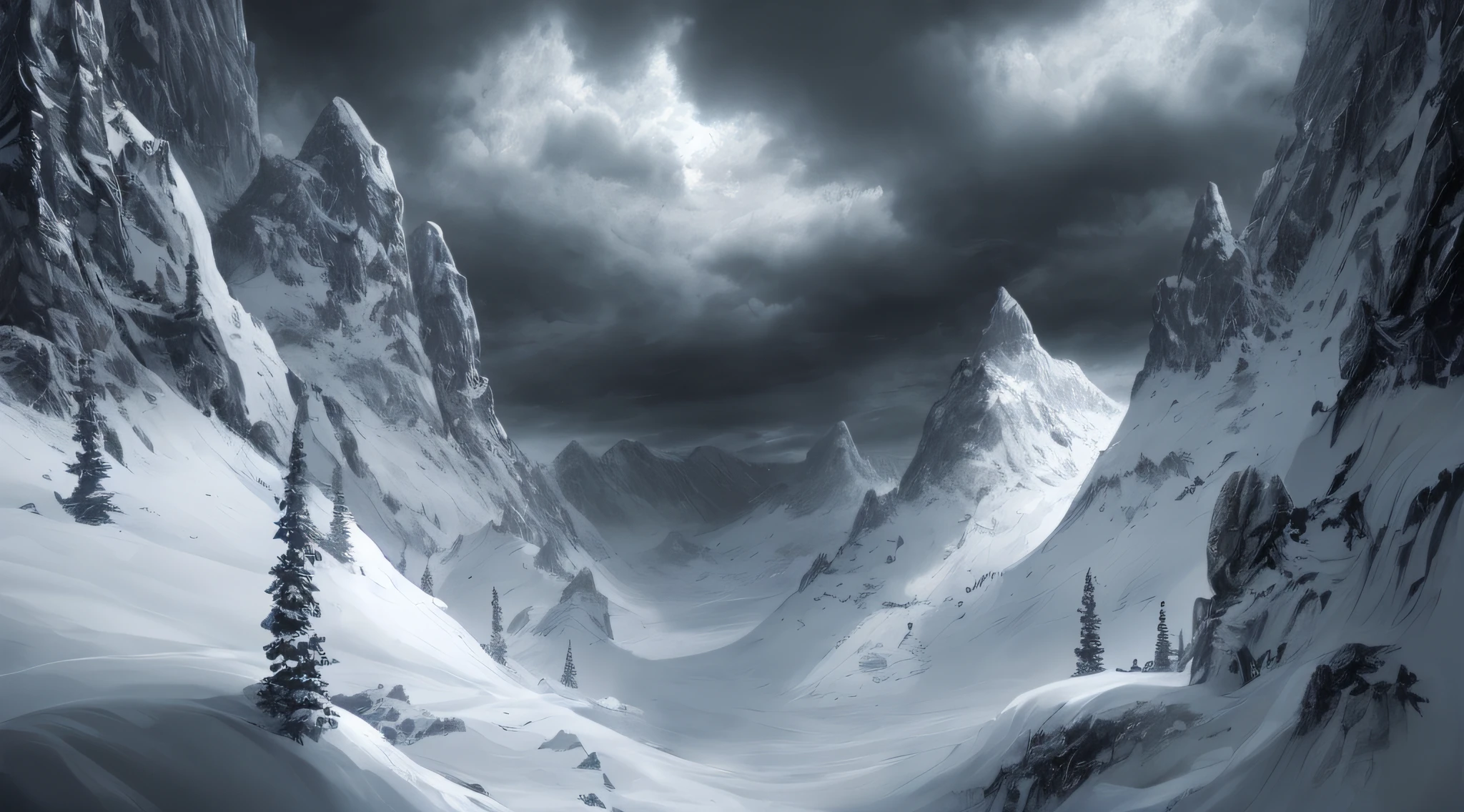 snowy mountain scene with a lone skier in the foreground, highly realistic concept art, with dark clouds storm , insanely detailed matte painting, amazing exquisite matte painting, snowy mountains, highly detailed matte painting, stunning matte painting, beautiful matte painting, detailed matte fantasy painting, ultrarealistic matte painting, matte fantasy painting, hype realistic d & d fantasy art, a beautiful matte painting, very beautiful matte painting