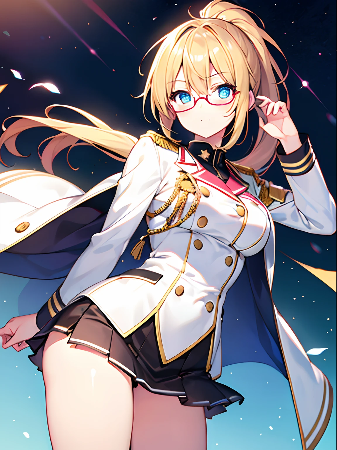 Beautiful girl with under-rim glasses with blonde ponytail and white coat over uniform, a miniskirt, His arms folded, Doya face, Star-patterned eyes, Highlights in the eyes,