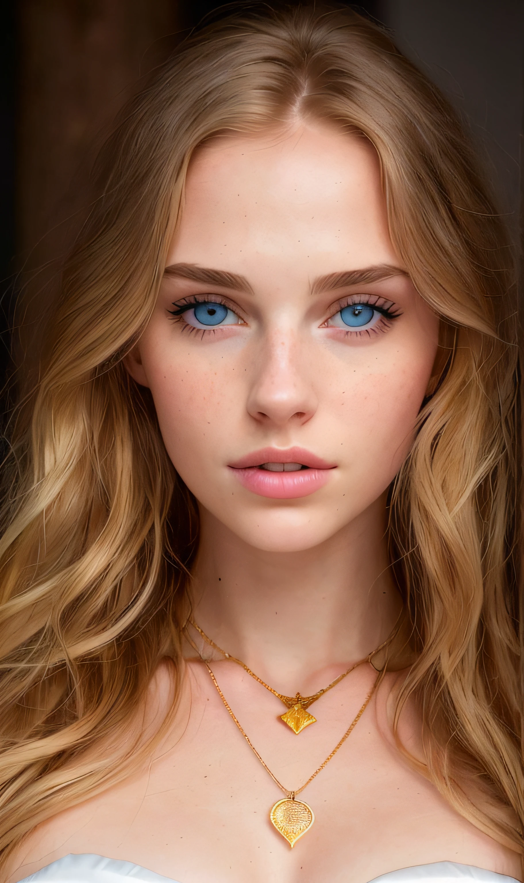 beautiful 21 year old girl, perfect symmetrical face, perfect symmetrical blue eyes, dark eyebrows, full big lips, golden blonde long hair, white skin, detailed, lifelike, realistic, photorealistic, hyperrealistic, close-up portrait, depth of field, sharp focus, high quality, 4k uhdno necklace