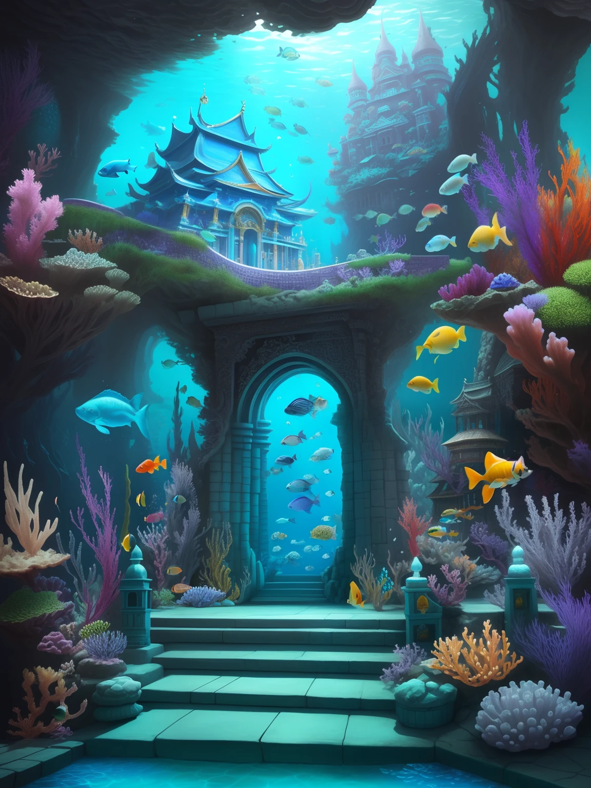 There is a very large aquarium，There are a lot of fish in it, surreal concept art, Underwater temple with fish, Undersea temple, dreamlike digital painting, highly detailed surreal vfx, dreamlike surrealism, inside her surreal vr castle, surreal and fantasy art, Surrealism 8k, Epic surrealist 8K oil painting, underwater environment, fantasy surrealism, Underwater scene