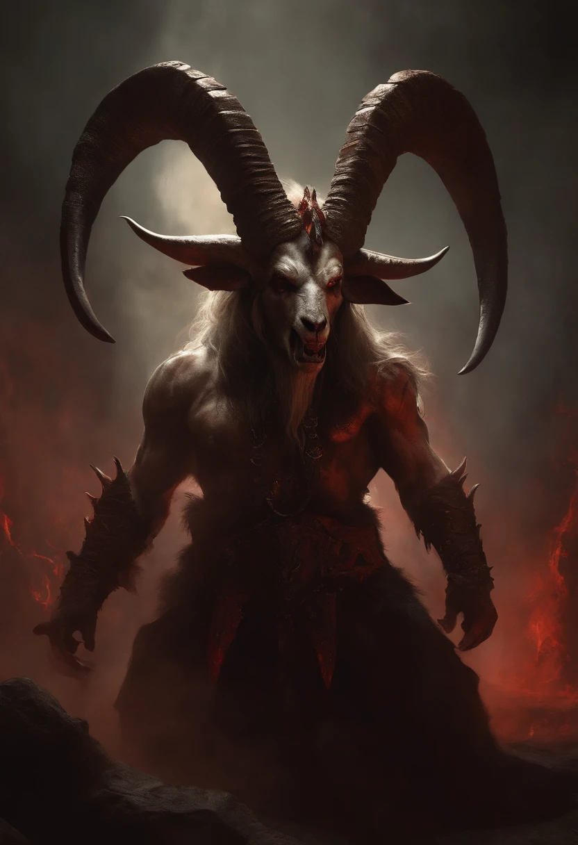 a goat-headed demon with large horns, strong and strong upper body, demon skins, skins, ((claws, wings)), demonic armor, blood splatters, skulls on the ground, standing in a blood ritual, medieval, dark room, dim light, masterpiece, realistic, oil painting