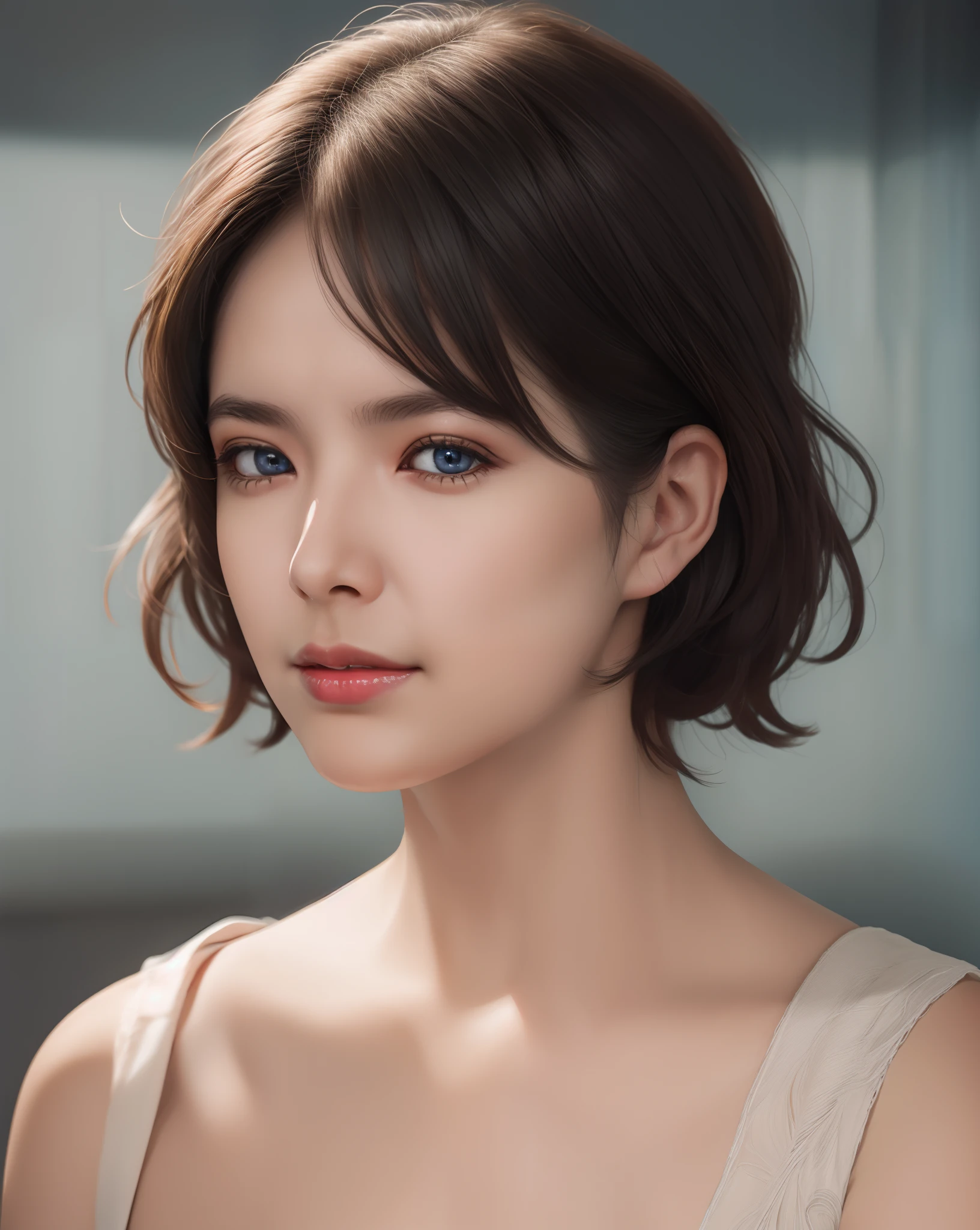 (realistic:1.5) professional Portrait photography: of a beautiful female, short hair, UHD, perfect white balance, Alberto, Canon EOS R6, Prime lens photography, perfectly balanced dim lighting, Real human skin, White balance, Sharp details,