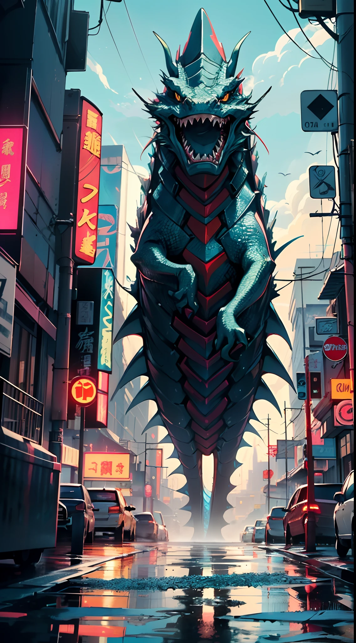 sea dragon, sea monster, leviathan, crystal Chinese dragon,((shark headed dragon)),
wild sea dragon,angry,
((no human)),1 Animal, protective wild, Tall, Mysterious,wild,
the target is the sea dragon,
(dynamic pose:1.0),solo focus,(centered,scale to fit dimensions,Rule of thirds),
cyberpunk city by the ocean at night, with bright neon signs and dark stormy clouds and puddles, scenery:1.25,
artistic photography,(photography taken by sldr),highres, sharp focus, (ultra detailed, extremely detailed), (photorealistic artwork:1.37),(extremely detailed CG unity 8k wallpaper),((synthwave background theme)),(((vibrant colors))),(intricate background),(masterpiece),(best quality),
