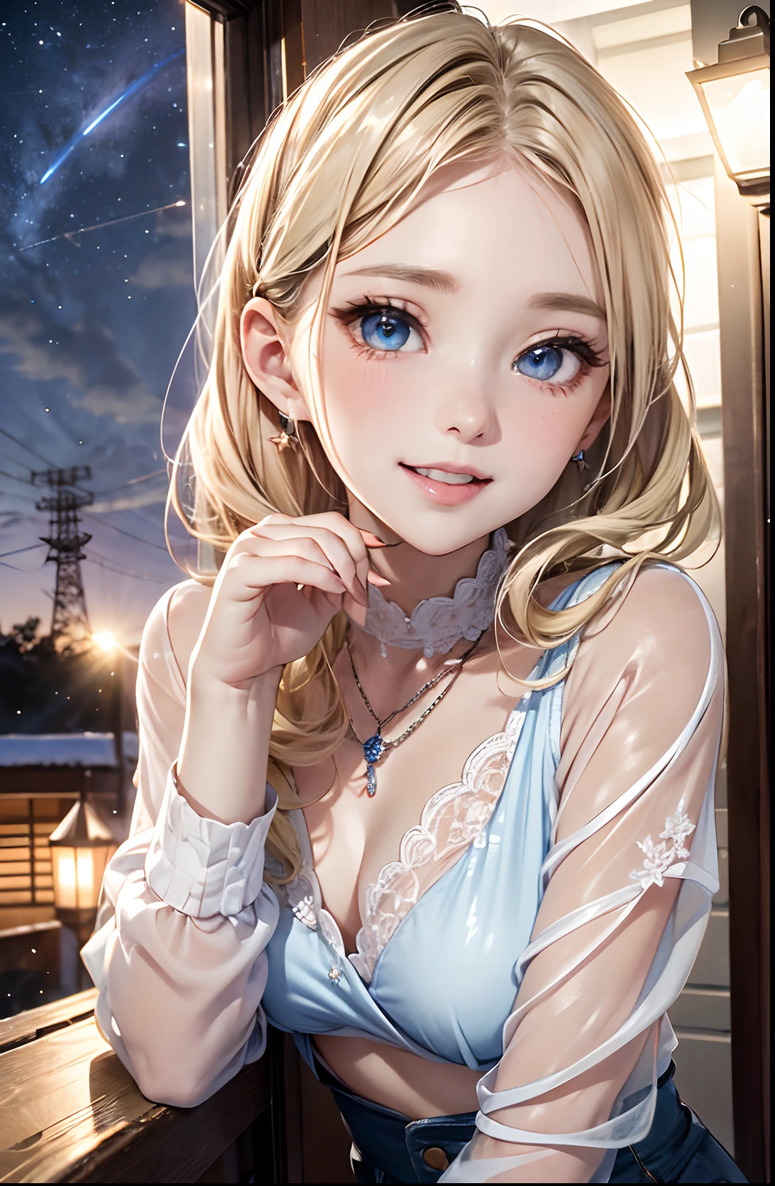 (Highest quality、Best image quality、High definition、Highest quality、Highest Resolution、Very beautiful woman、Perfect Anatomy)、Vivid crystal light blue eyes、Very pale blue eyes、Smaller diamond-shaped earrings、Please look closely at the camera、Beautiful blonde short hair、Blonde hair with very short and beautiful bangs、Show off your beautiful décolletage、Beautiful 28 years old、Lip gloss、Smiling very happily、Very cute smile、Upper teeth、Beautiful teeth alignment、Illuminate the light from the window、Slightly larger eyes、Small Face、Tall Supermodels、Large Breasts, Cleavage、Very beautiful large breasts、Beautiful outdoor background with very blue sky and clouds、Put your hands on your hips、Dynamic Angle、Eye focus、Tilt your head、Bring your fingers to your mouth、Highly detailed and realistic、とてもBeautiful 28 years old、 Sharp jawline、 Wet Panties、 Deep neckline, sexyな脚, Rear view, Perfect Ass, Great ass、Smiling very happily、Laughter、sexy
