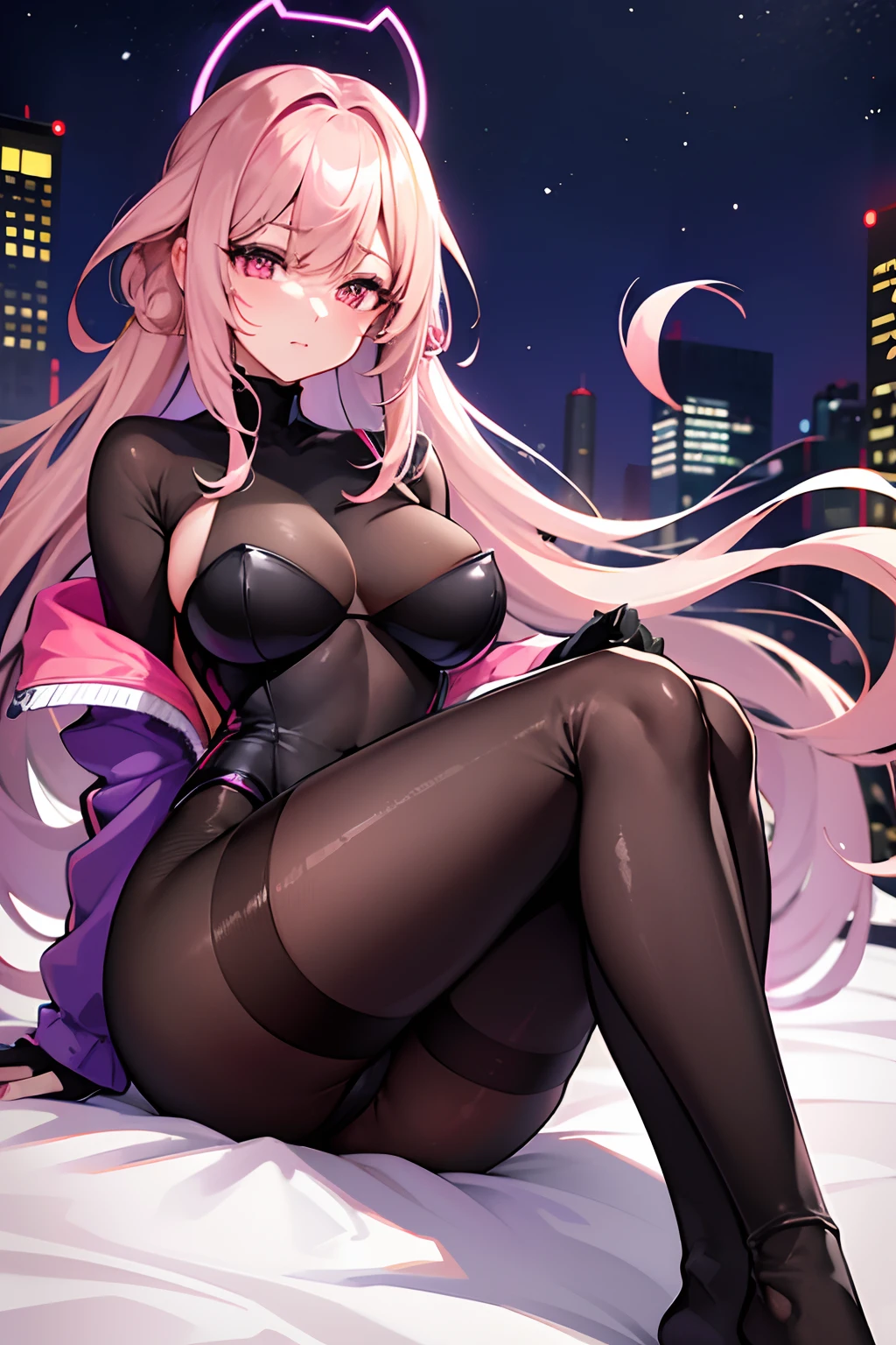 1人, Beautiful face, lila Haar, pantyhose Bodysuit, bedeckter Bauchnabel, lila Augen, Hüftwind, niedlich, Schauen Sie sich den Viewer an, Night Town, Neon, Legs, feet