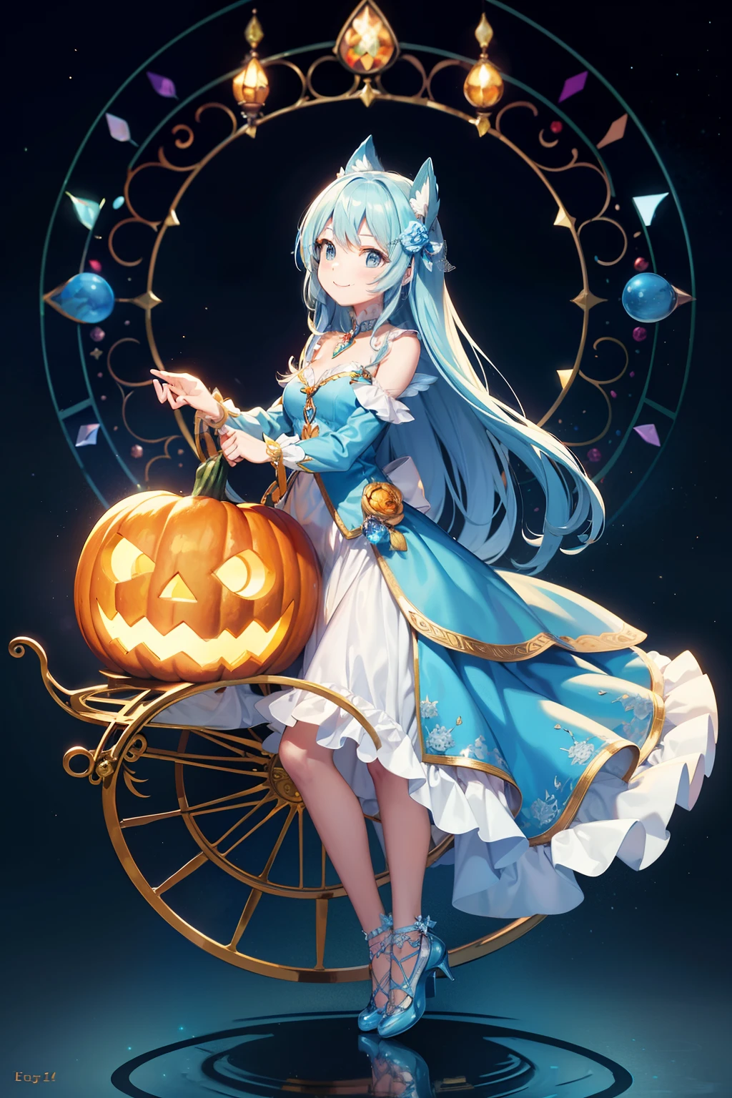 Pumpkin carriage，（Pumpkin carriage on background），Fairy World，Stained glass background、one girls，adorable smiling, Cinderella，Light blue long hair, Twin-tailed,Long Blue Crystal Dress，Moonlight，Long steps，Crystal Shoes，