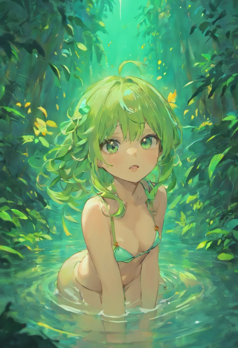 Fundo de fonte termal ao ar livre,Uma , 16 anoette is soaking in a hot spring,Ombros exposto, bikini transparente ,Molhada,cabelo molhado,seios crocantes,clivagem,Detalhes claros,ortofacial