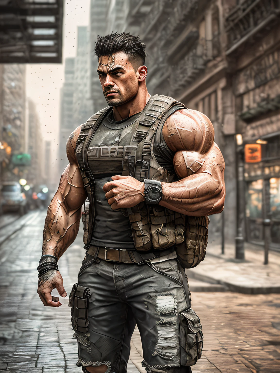 strong muscular man, street angry, backpack, epic realistic, photo, faded, complex stuff around, intricate background, soaking wet, neutral colors, ((((hdr)))), ((((muted colors)))), intricate scene, artstation, intricate details, vignette
