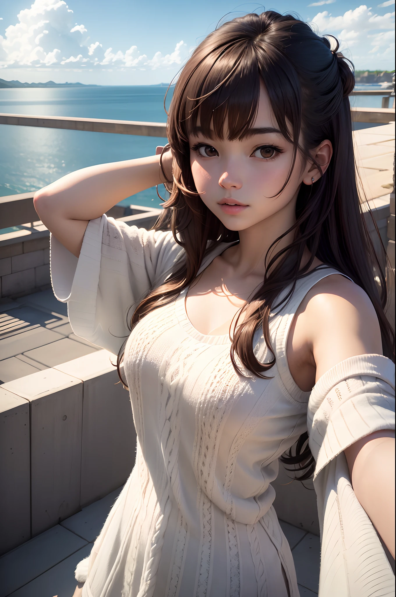 (Solo:1.3)), 1girl in, Best Quality, Realistic, Photorealistic, Best Quality, masutepiece, Very delicate and beautiful, Very detailed, (Selfie:1.2), Fine detail, Ultra Detail, High Definition, Very detailed, Realistic, Ultra high definition, Best Quality, Ultra high definition, (Real:1.4), high quality texture, wearing white and thin summer knitwear,, On the rooftop, Bangs, Long hair , Afternoon light, Magnificent sky and clouds