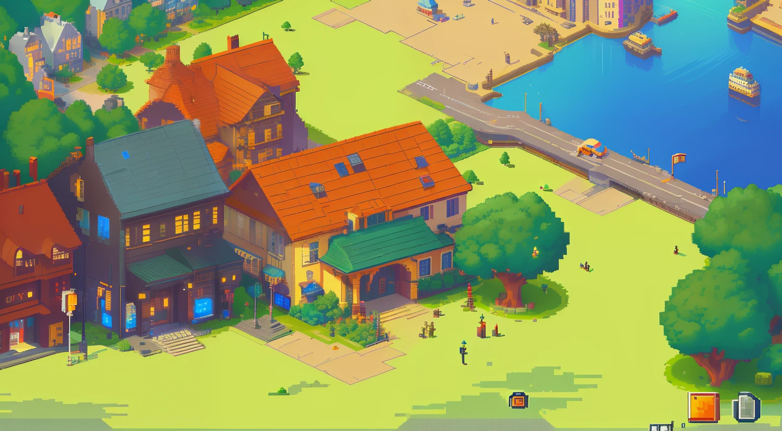a highly detailed pixel art scene of a small town, bird's-eye view, sun is out, brown dirt roads, small blue and white houses, a hospital, inn,muted colors,warm lighting,bright and peaceful atmosphere, rpg 2.5d style